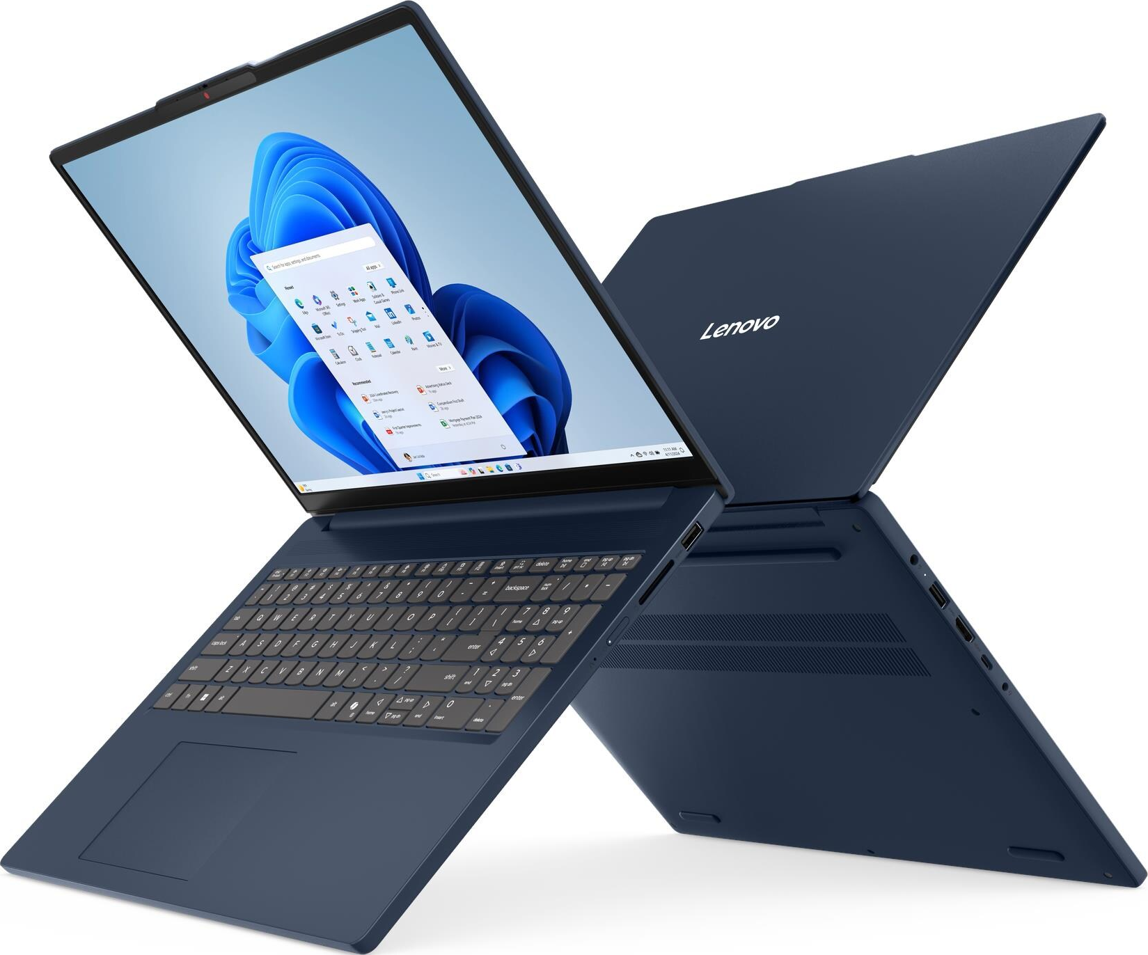 Un ordinateur portable Lenovo bleu est ouvert, affichant l'interface Windows 11. Le clavier est visible. L'ordinateur est sur fond blanc.