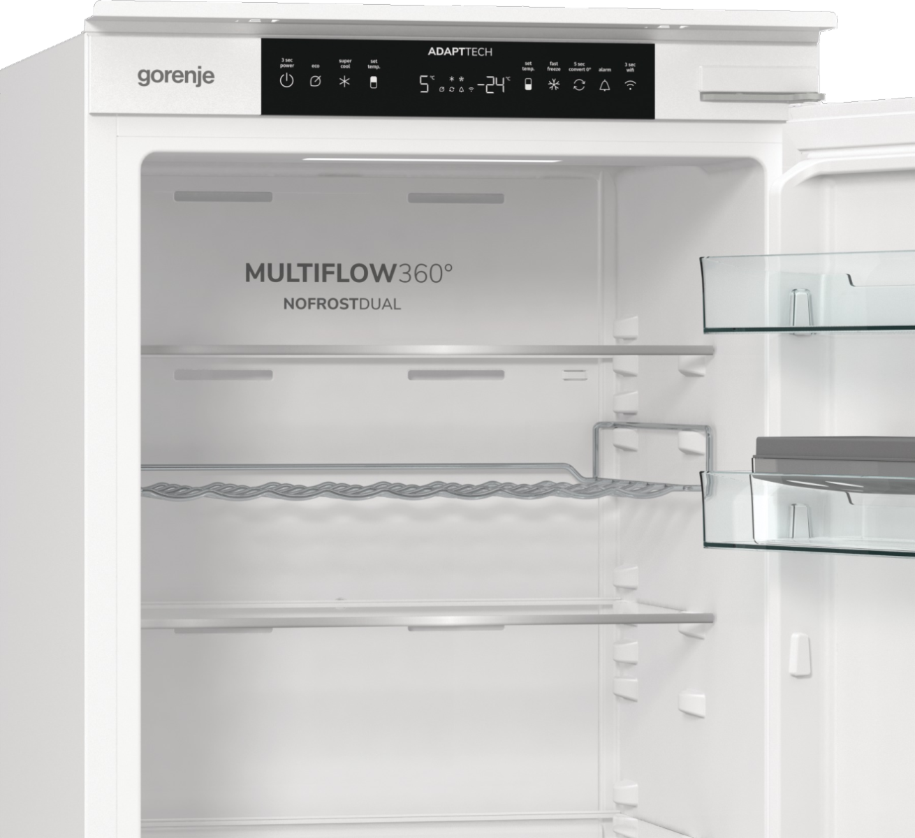 Otwarty biały wnętrze lodówki z półkami i panelem sterowania. Panel wyświetla ustawienia, a marką jest Gorenje.
