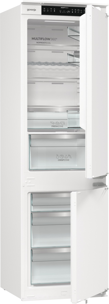 Biała lodówka z otwartymi drzwiami, odsłania półki, szuflady i panel sterowania. Teksty to 'Gorenje' i 'CrispZone'.