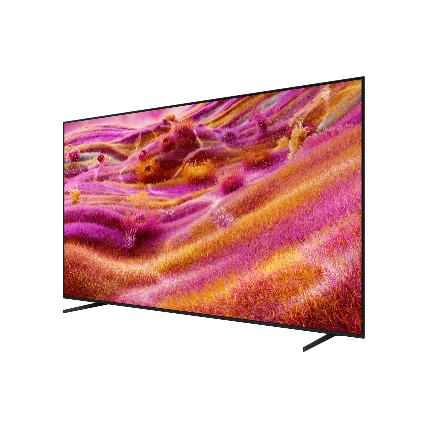 A modern TV shows a colorful abstract landscape of pink, orange, and yellow. The TV has a black frame and stands on two legs.