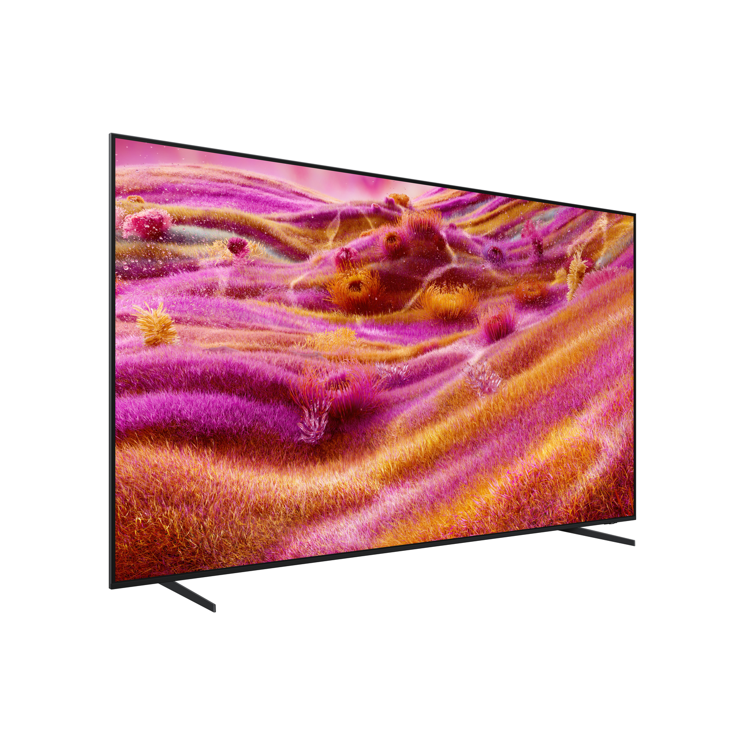 A large, black-framed TV displays a colorful abstract landscape with pink, yellow, and orange hues, set against a white background.