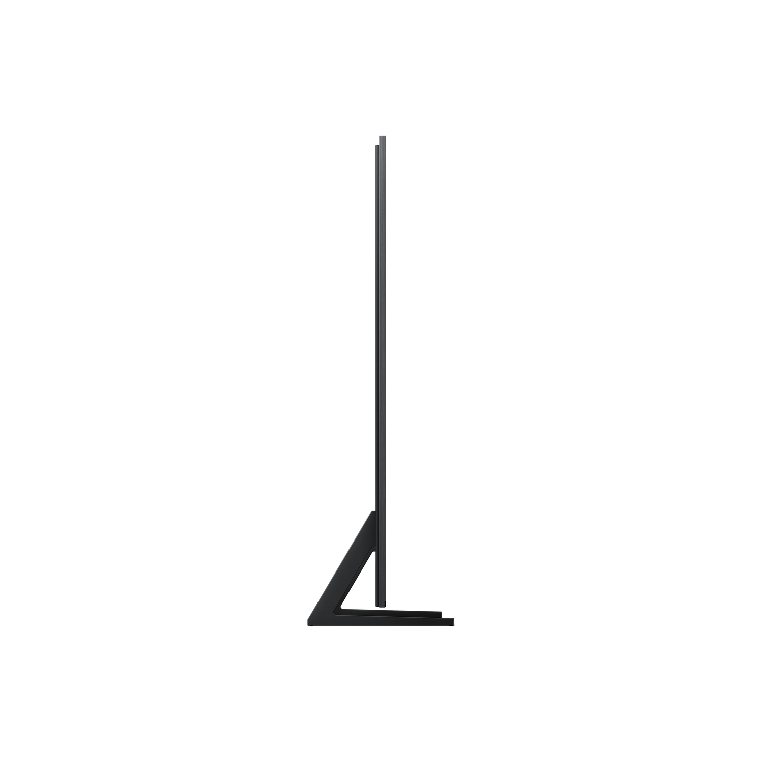 A side view of a black TV on a black stand. The screen is black, and the background is white.
