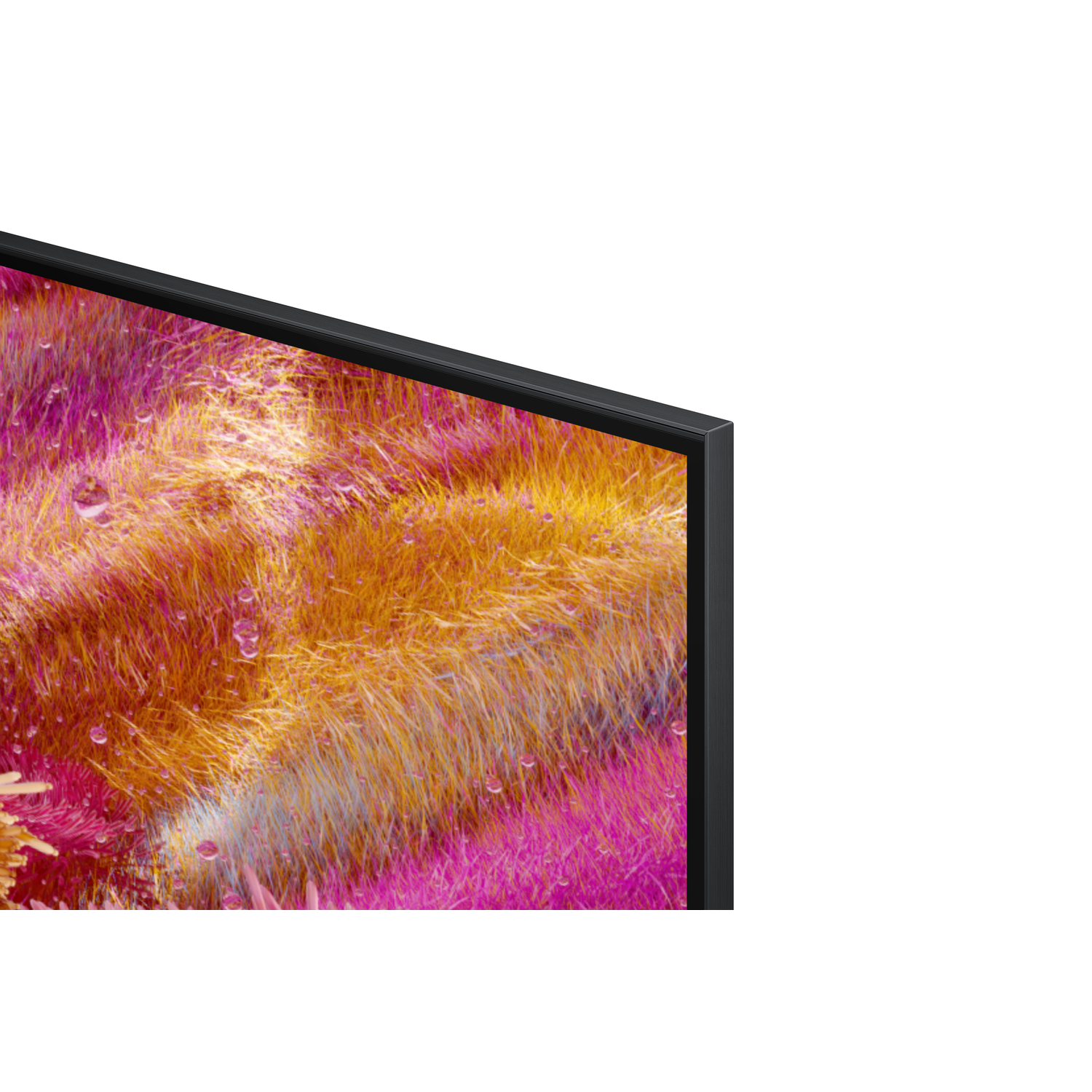 A TV screen corner with a colorful abstract image of orange, pink, and yellow grass. A black border surrounds the screen.