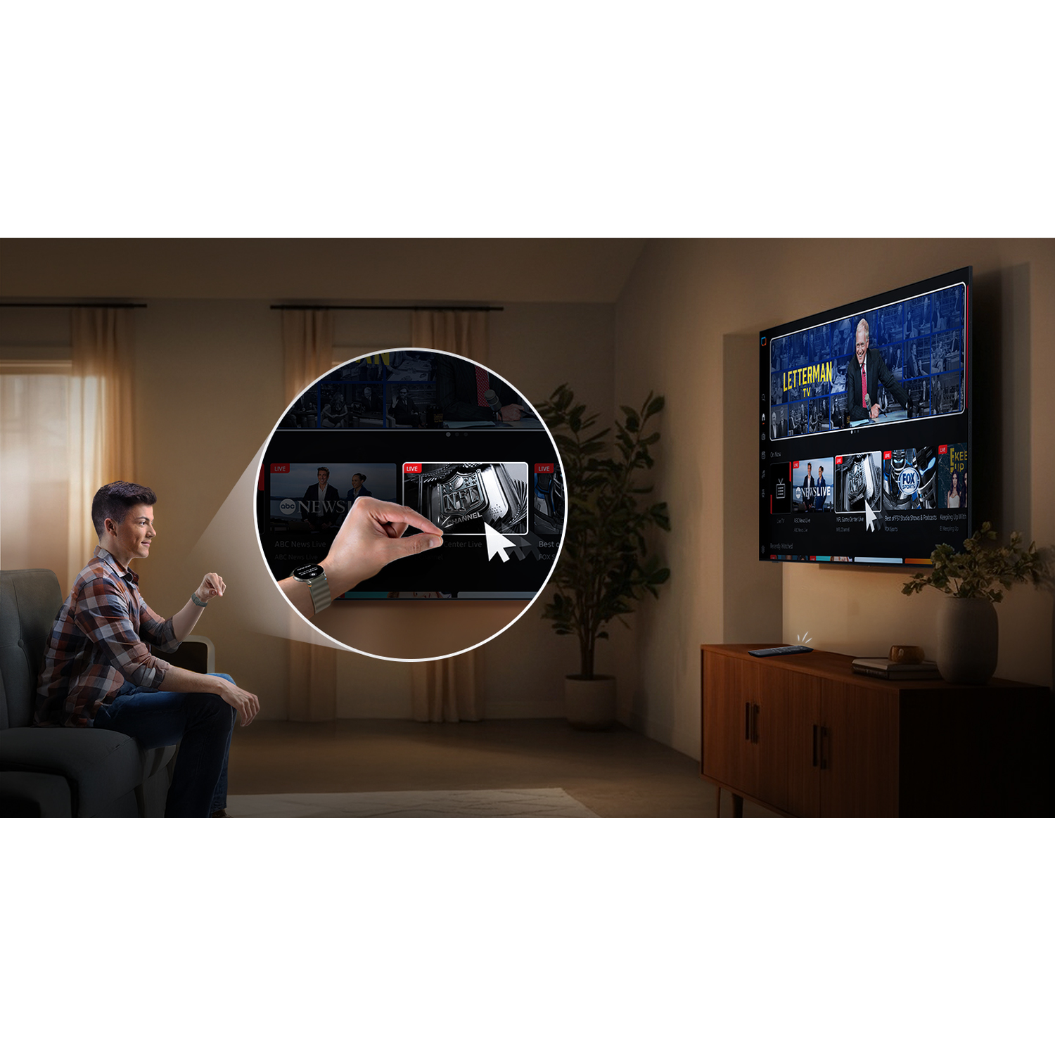 A man watches TV, another screen shows the program selection. A hand with a smartwatch selects a channel. A remote is on the cabinet.