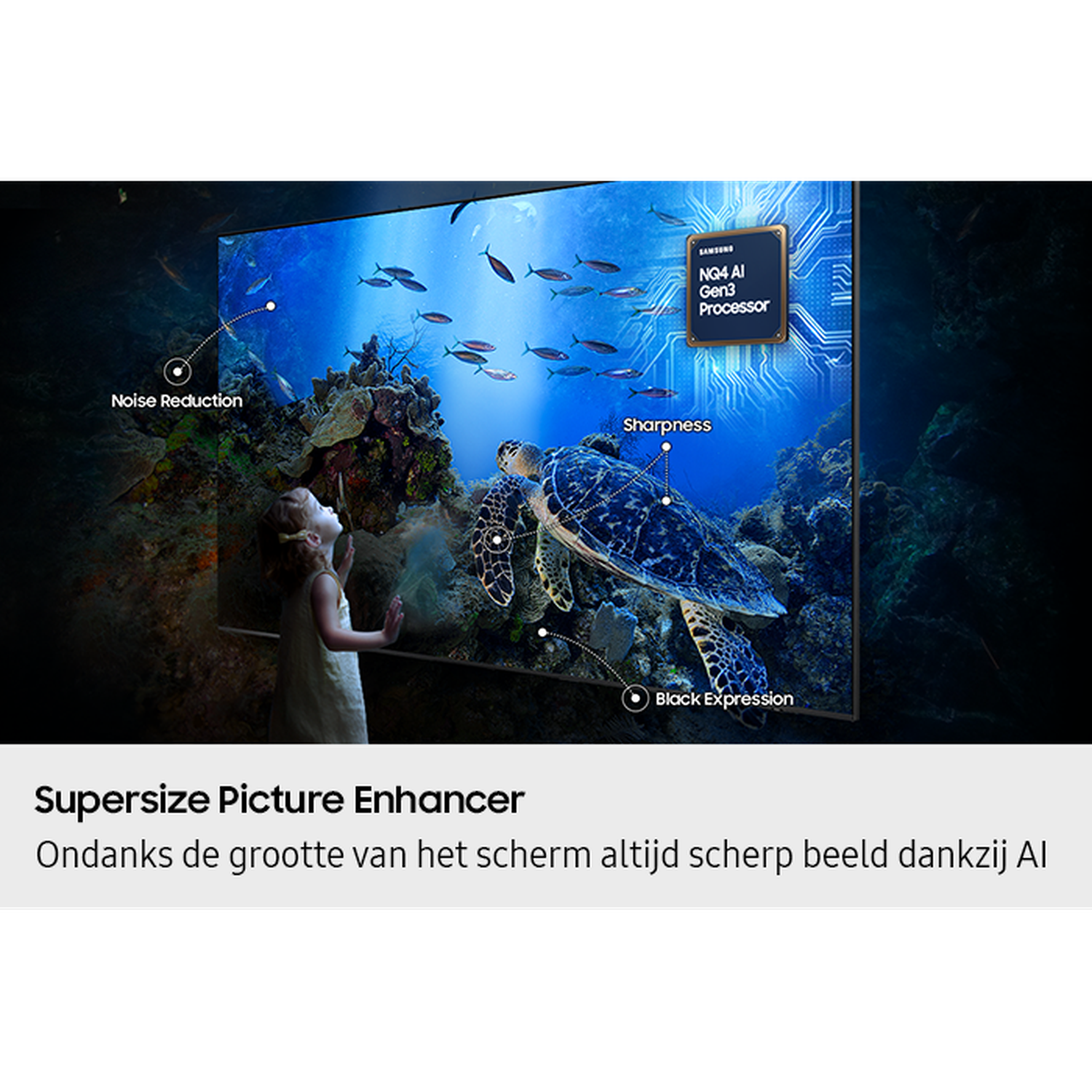 A girl looks at a TV showing an underwater scene with a turtle and fish. Text highlights Noise Reduction, Sharpness, and Black Expression.