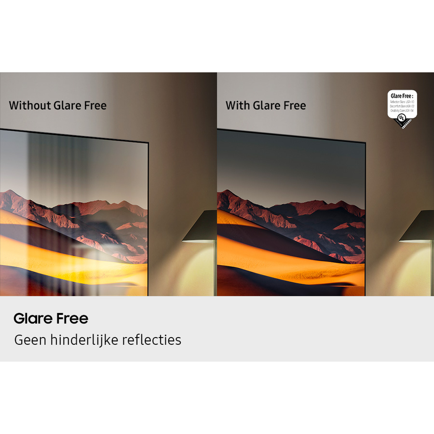 Image shows TV screens with and without glare, displaying a desert landscape. Text highlights 'Glare Free' technology.