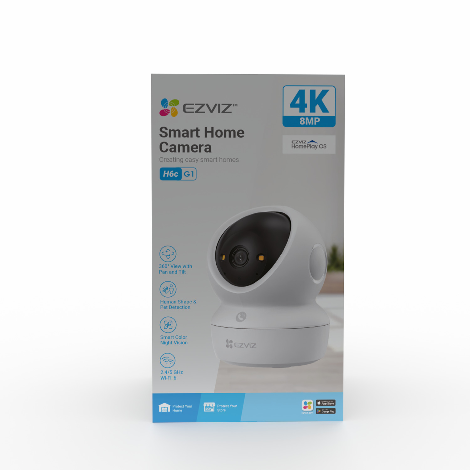 Witte EZVIZ slimme camera op een doos, met functies als 360° weergave, mens/huisdier detectie en nachtzicht in kleur.