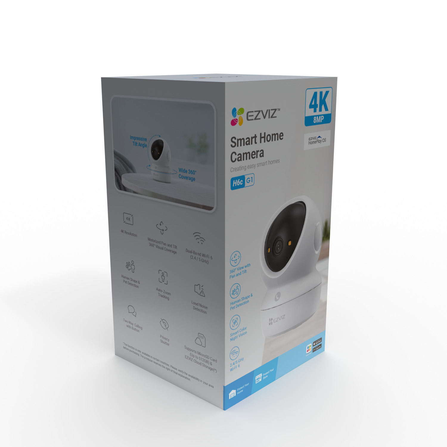EZVIZ Smart Home Camera doos. Kenmerken zijn 4K resolutie, 360° dekking, mensdetectie en Wi-Fi 6.
