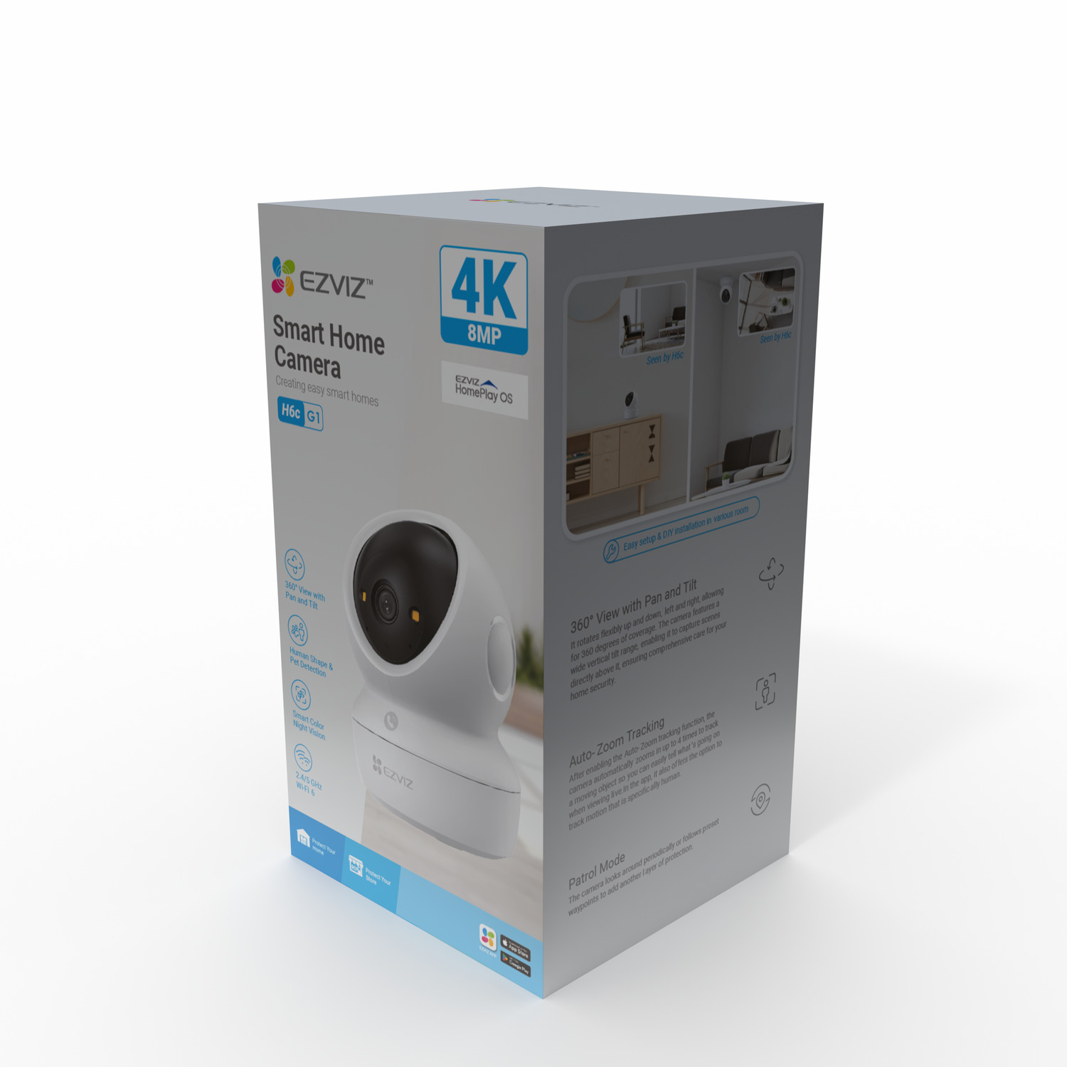 Doos van een EZVIZ slimme huiskamera. De doos heeft een 4K 8MP label, en de camera is wit met een zwarte lens.