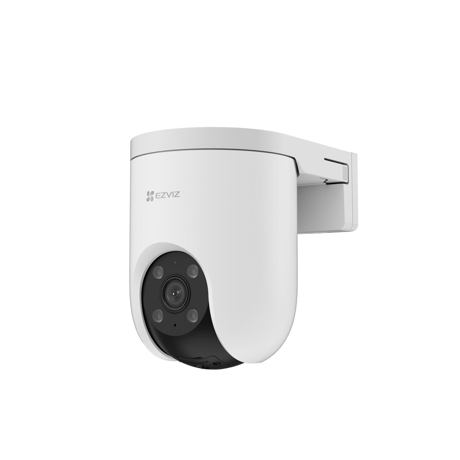 White EZVIZ security camera with a black lens on a white background. The camera has a rounded shape and a mounting bracket.