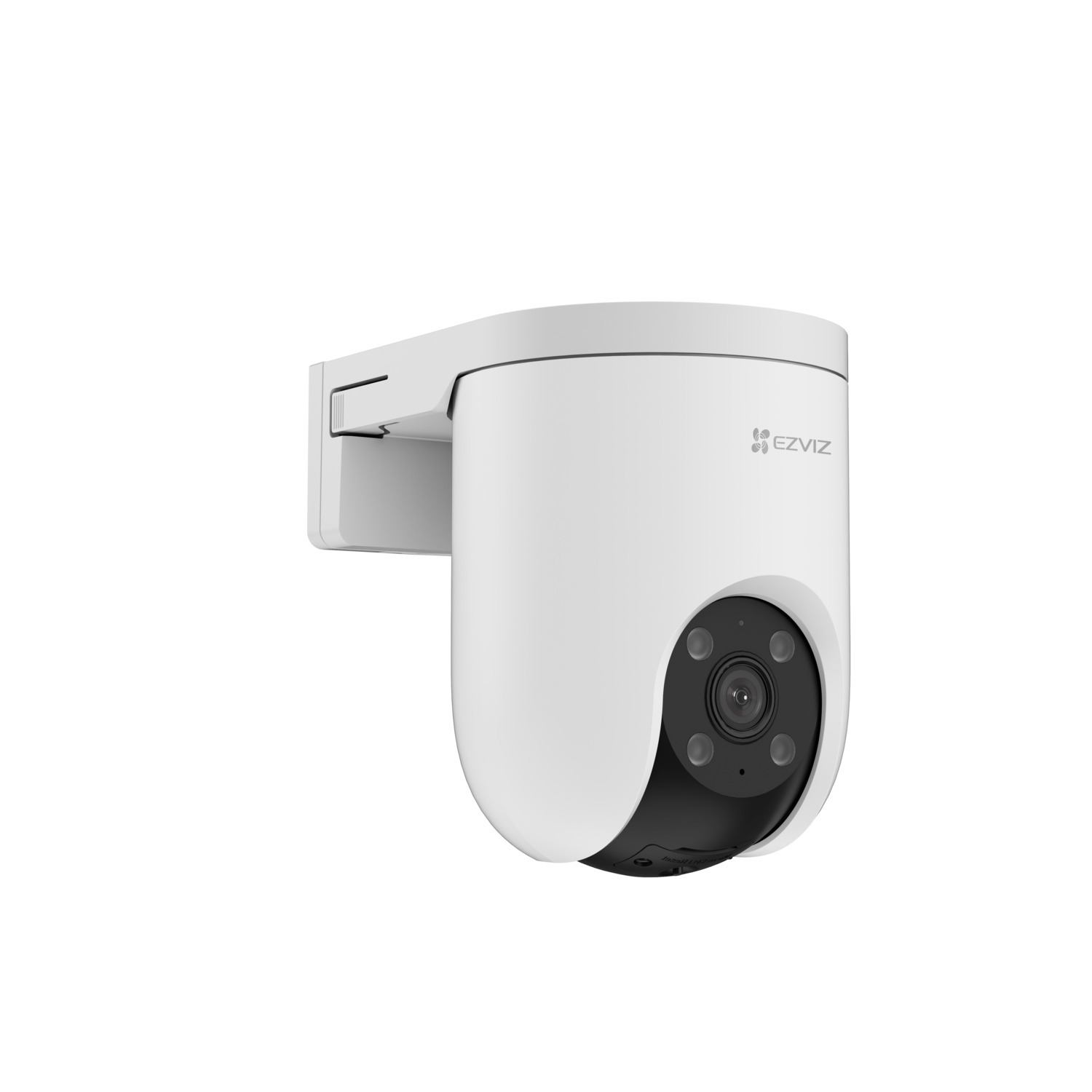 White EZVIZ security camera, mounted on a white bracket. The camera has a black front with lens and sensors. The background is white.