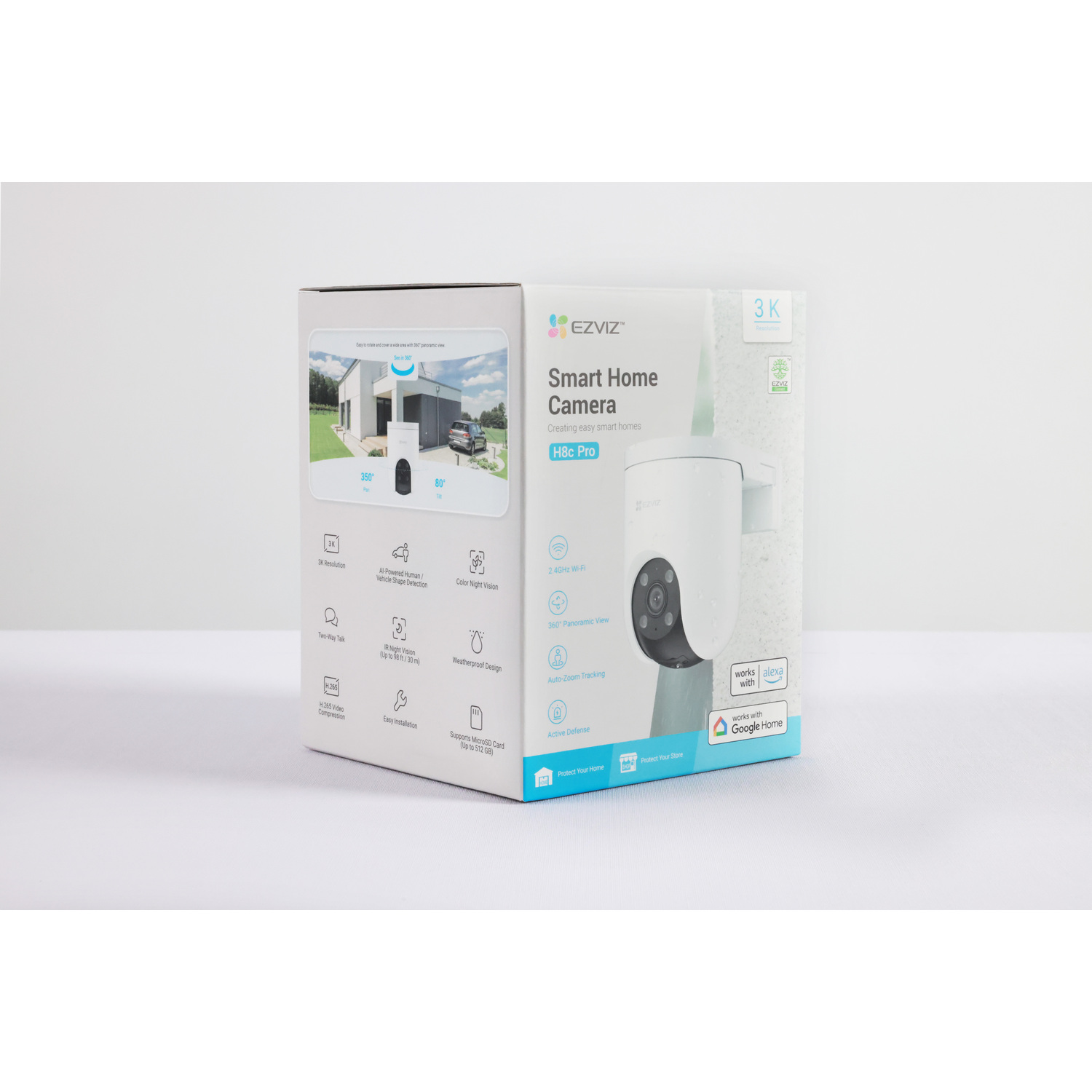 A white EZVIZ Smart Home Camera box is on a white surface. The box shows the camera and its features, like 3K resolution.
