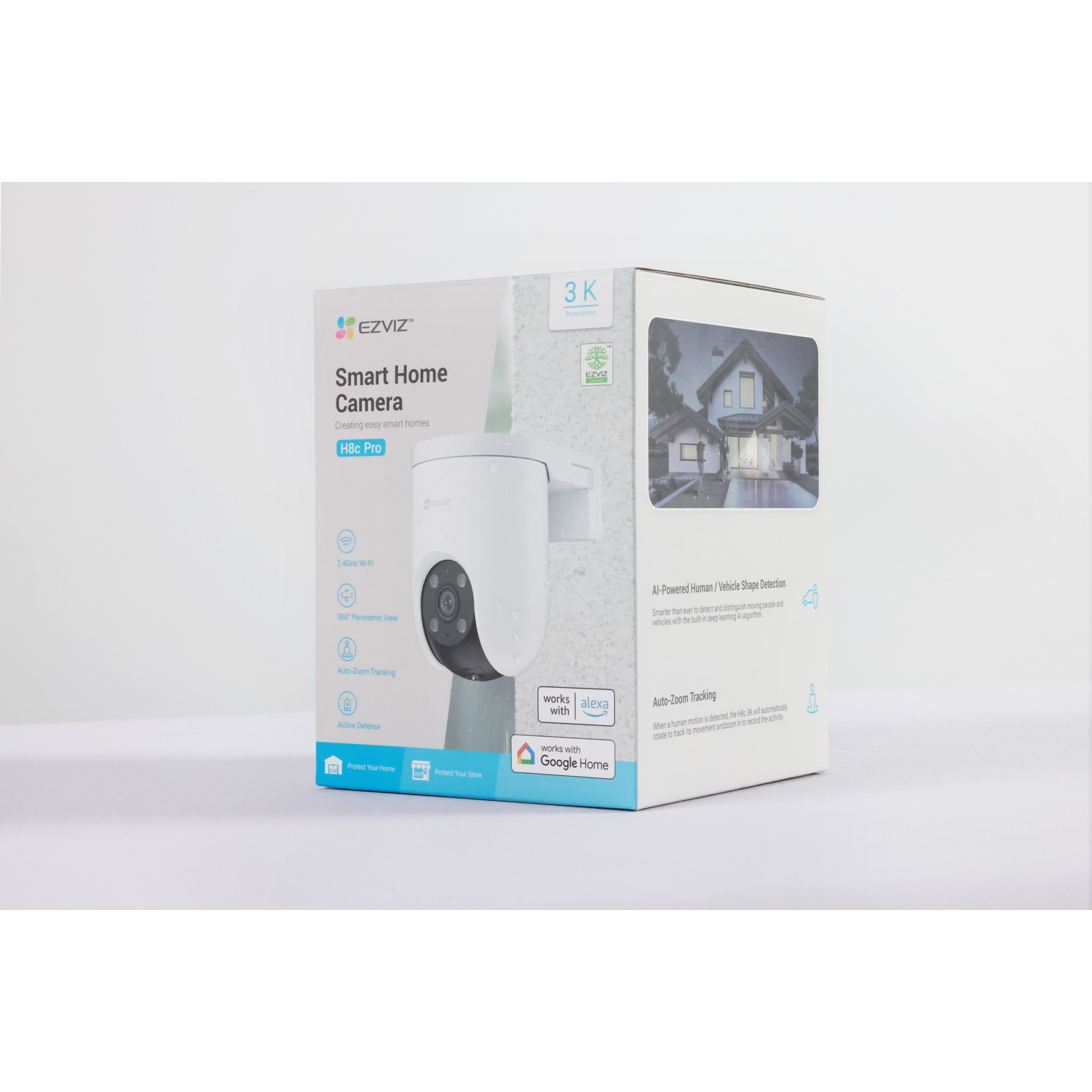 A white EZVIZ Smart Home Camera box with an image of a house. A camera is mounted on the left. Text includes features and Google Home logo.