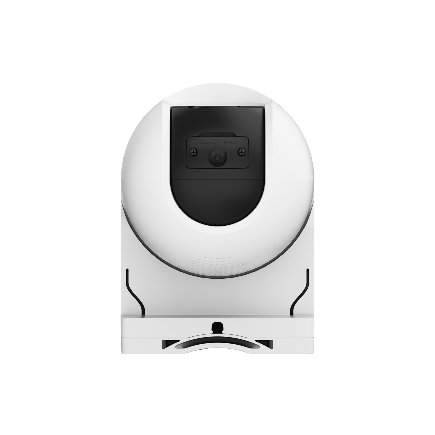 Witte beveiligingscamera op witte achtergrond. Het heeft een zwart voorpaneel met een Micro SD-sleuf en resetknop.