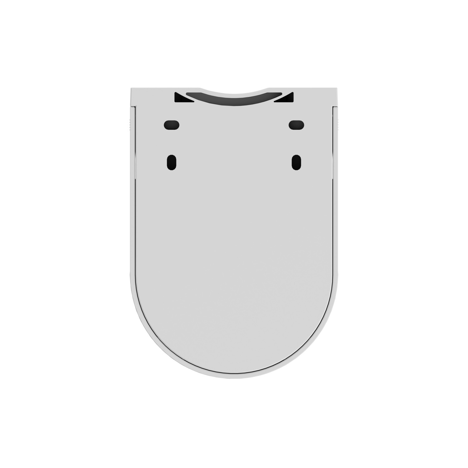 Een lichtgrijs, afgerond rechthoekig object met zwarte accenten en gaten, gecentreerd op een witte achtergrond.