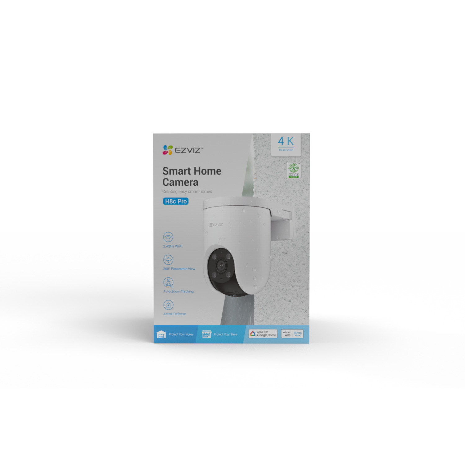 Een witte EZVIZ Smart Home Camera, model H8c Pro, aan de muur. Kenmerken zijn 4K resolutie, Wi-Fi en panoramisch zicht.