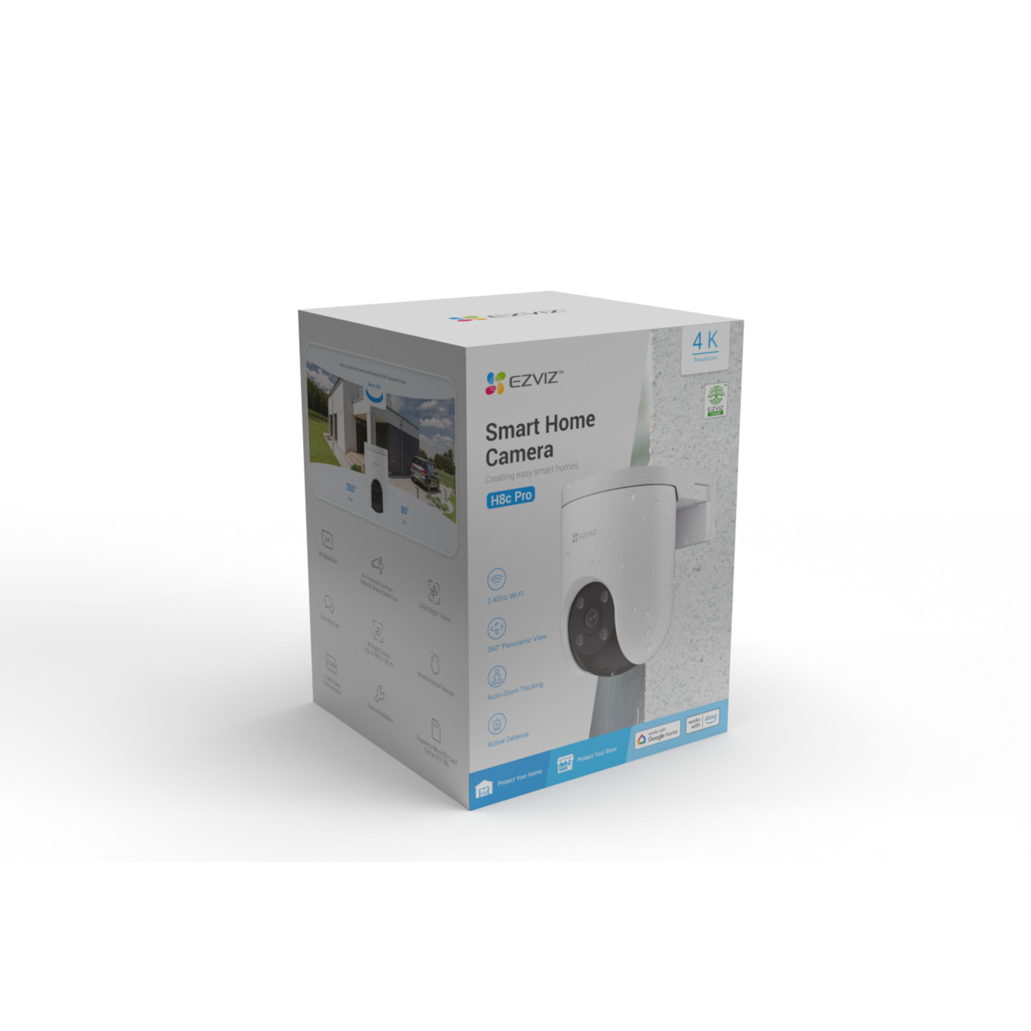 Een witte EZVIZ Smart Home Camera doos met productdetails en een beveiligingscamera, tegen een witte achtergrond.