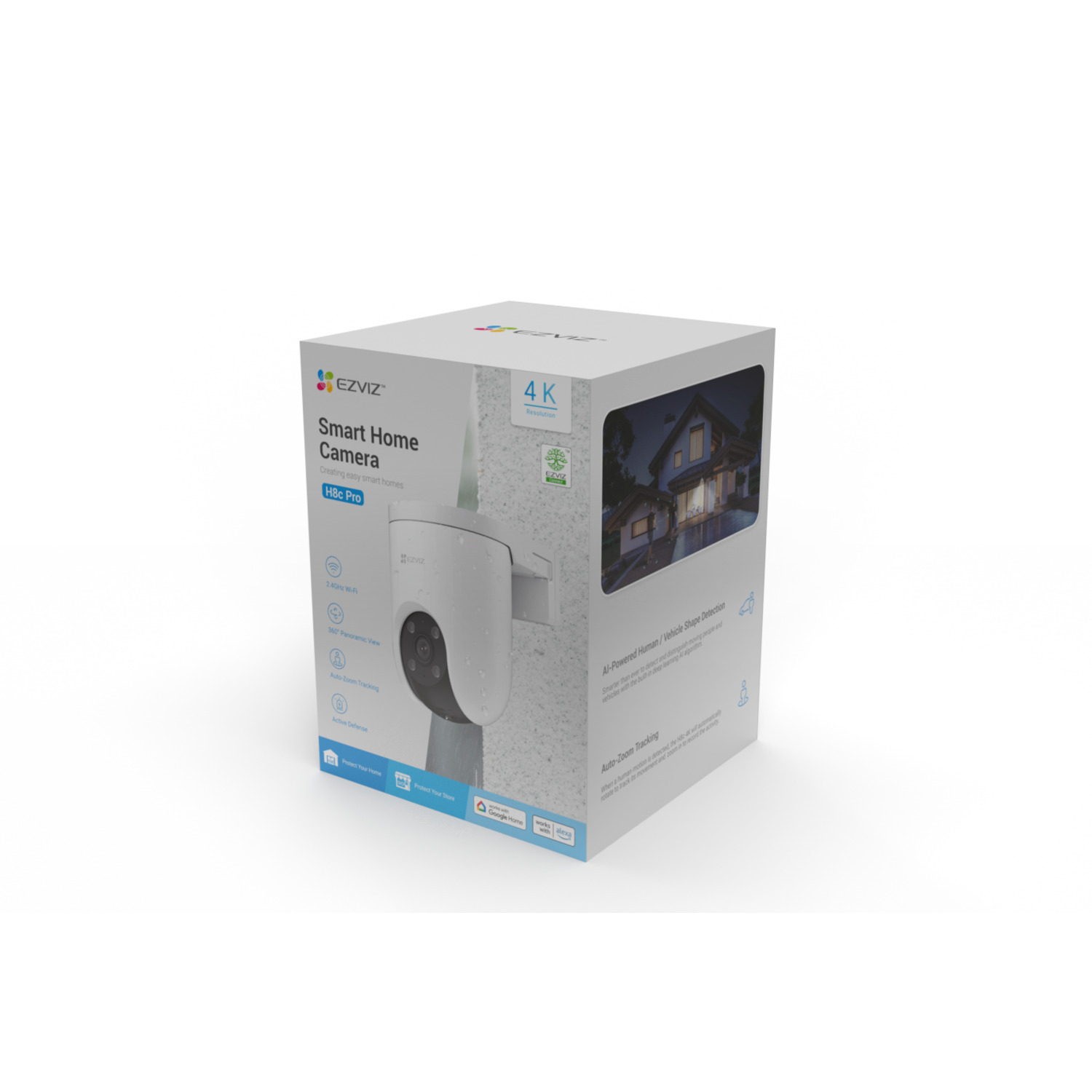 Een witte EZVIZ Smart Home Camera doos met een camera. Kenmerken zijn 4K resolutie, Wi-Fi en automatische zoom tracking.