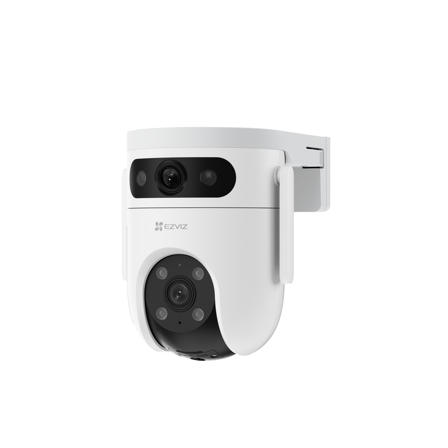 A white and black security camera by Ezviz. It has two lenses, and is mounted on a white bracket.