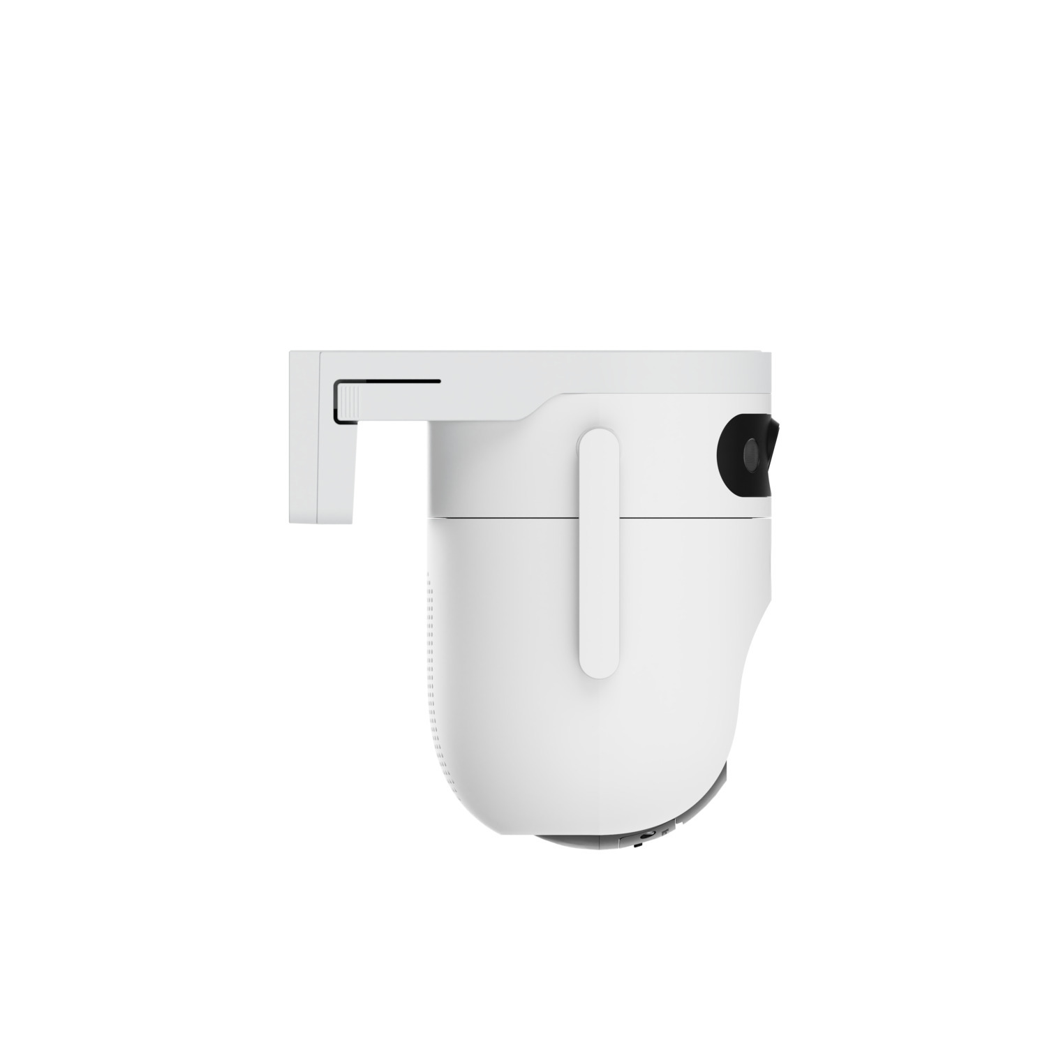 A white security camera with a black lens and a handle, mounted on a white bracket. It is against a white background.