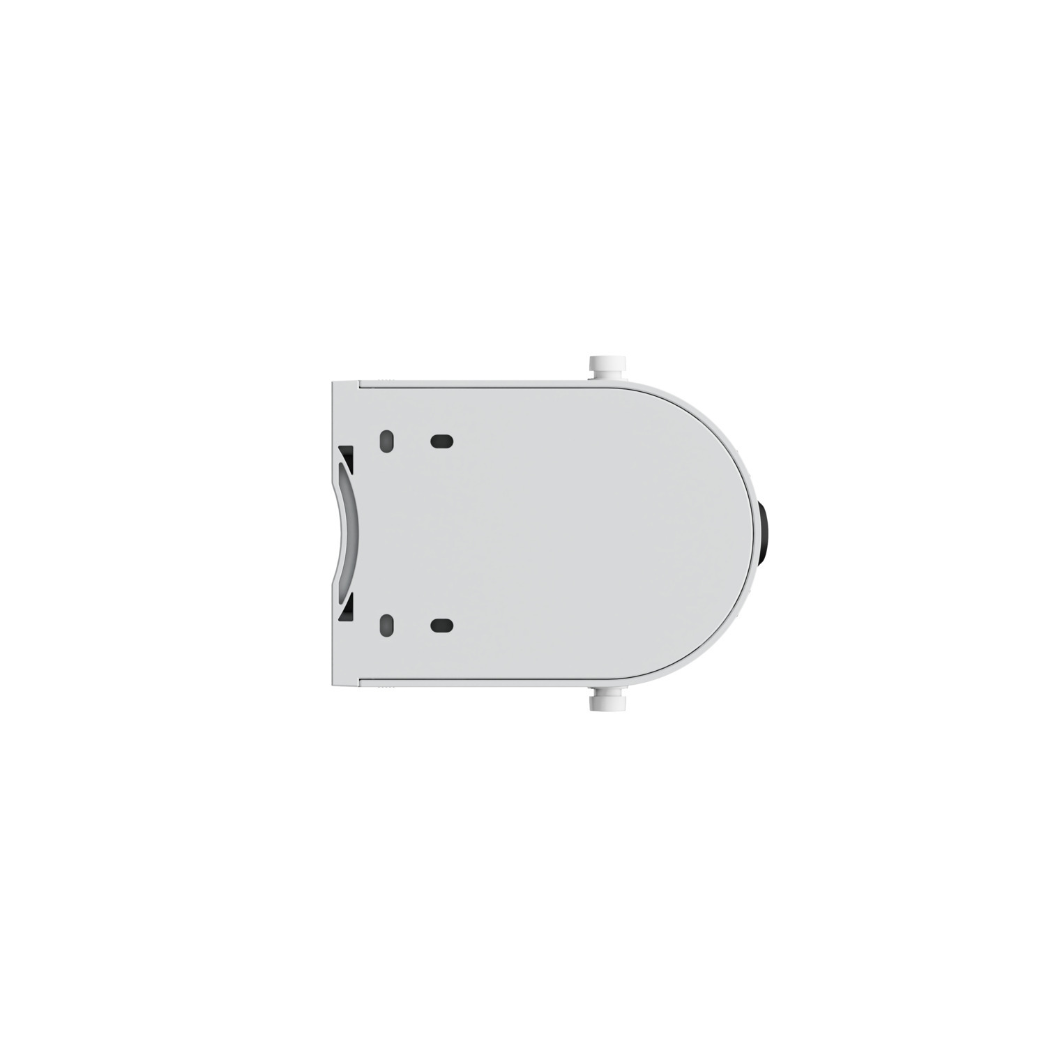 A white, rounded rectangular device with two small black dots and a black circle. It is on a white background.