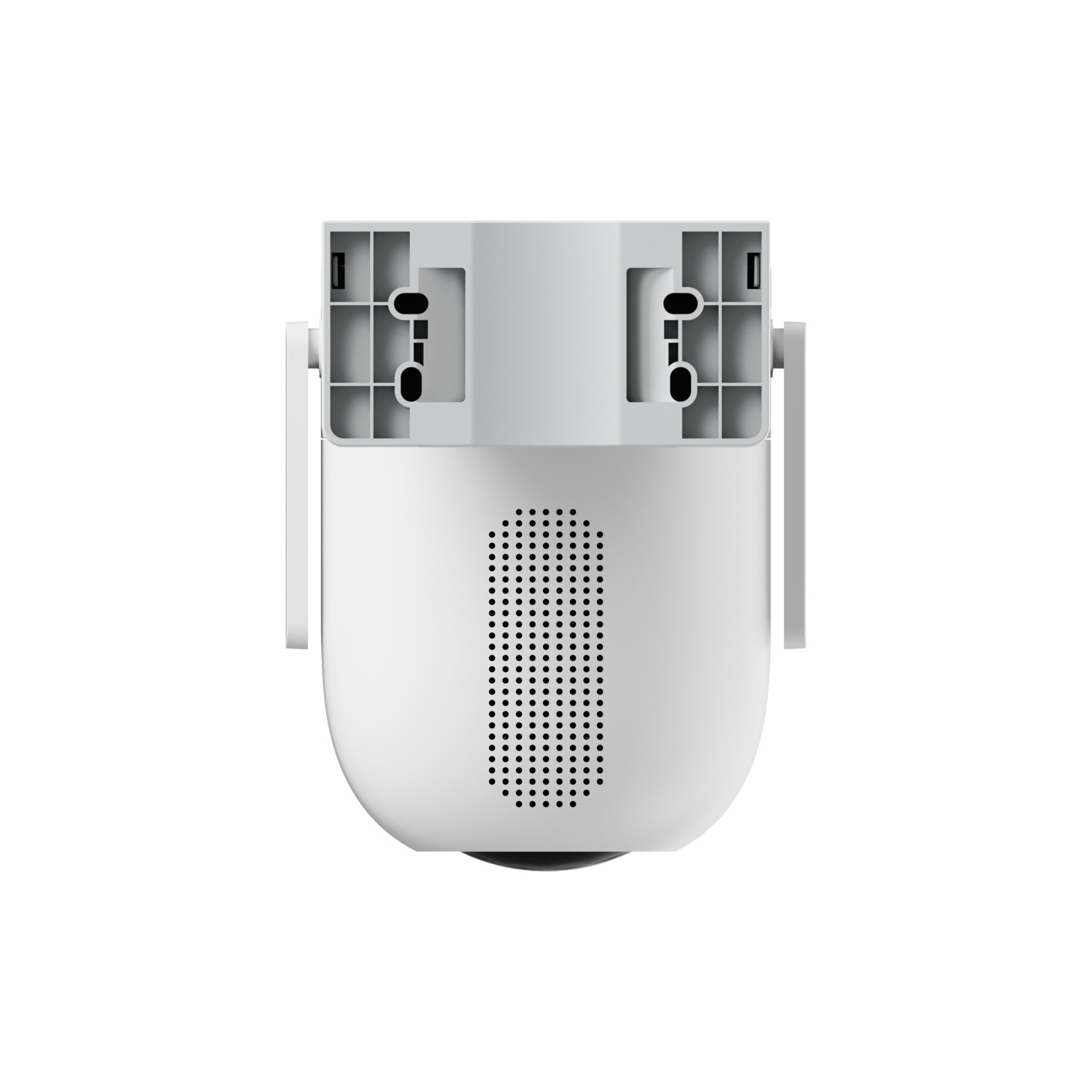 A white security camera, with a perforated front, mounted on a white background. The camera is a rounded rectangle.