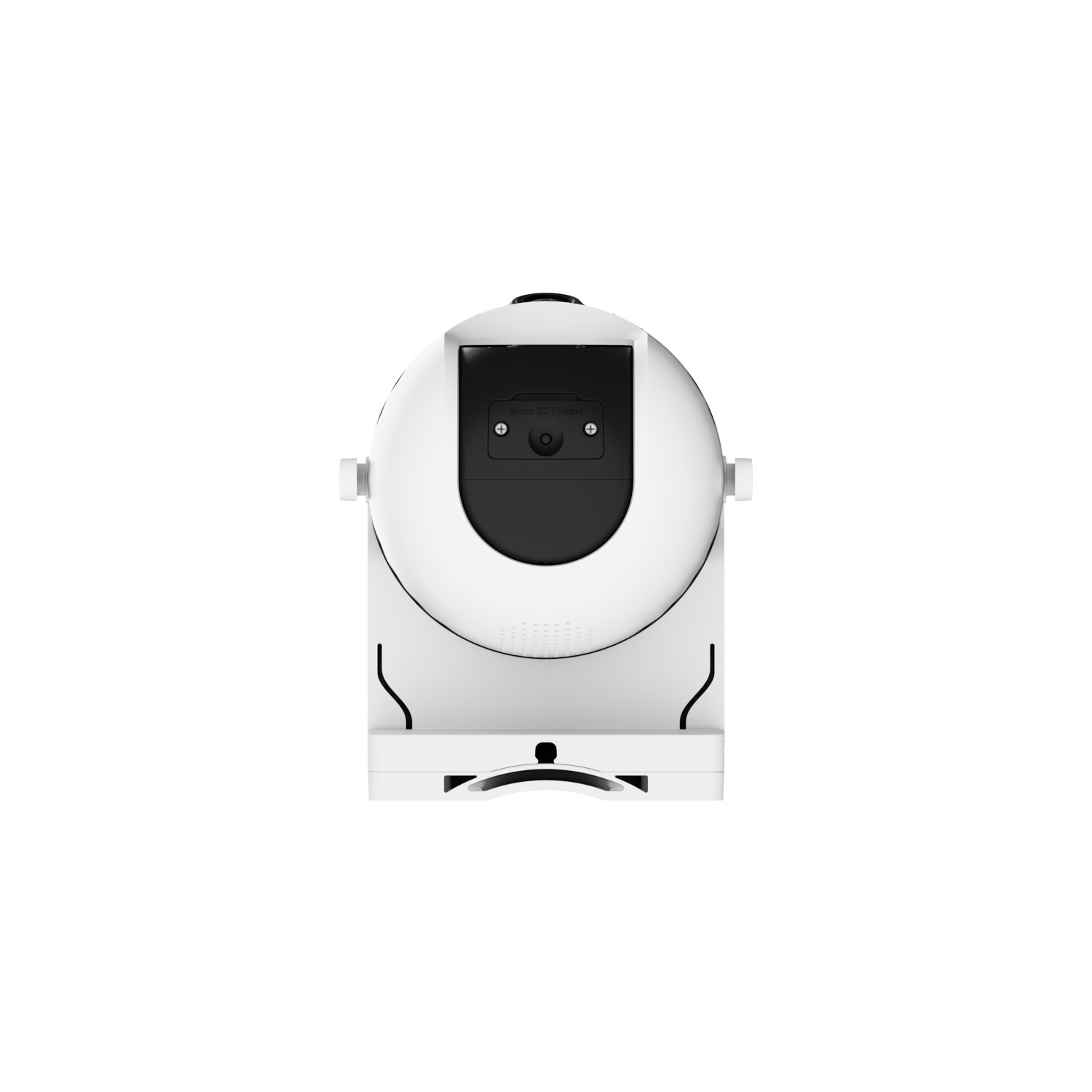 A white and black security camera. The camera has a rounded top and a rectangular base. It is set against a white backdrop.
