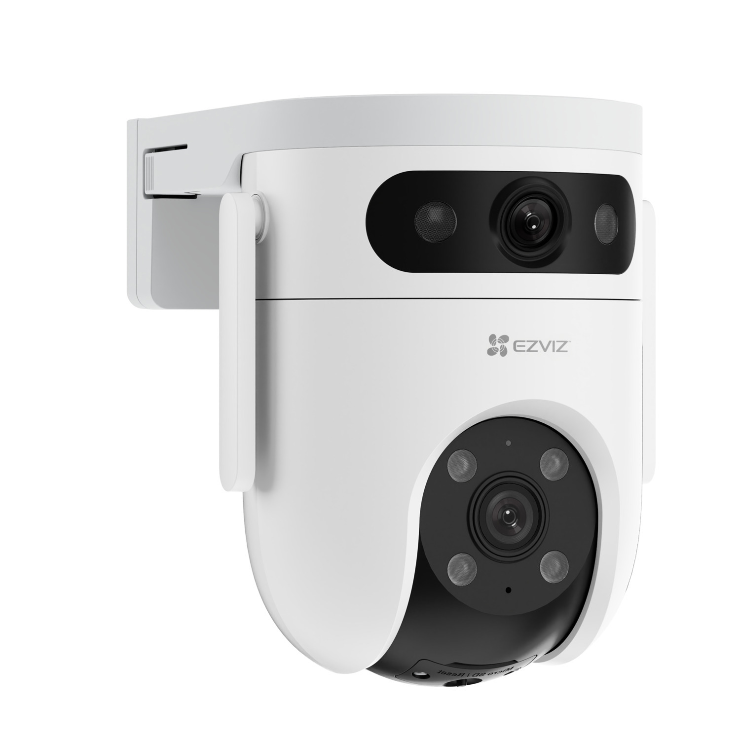 White and black EZVIZ security camera. Features a dual-lens design. Mounted on a white bracket.