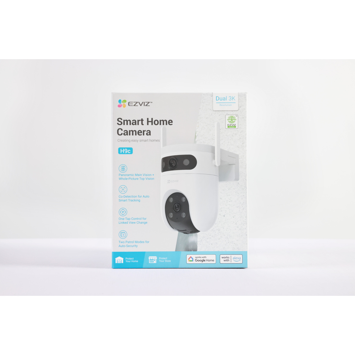 A white EZVIZ Smart Home Camera H9c box. Features include 3K resolution, panoramic vision, and Google Home/Alexa compatibility.