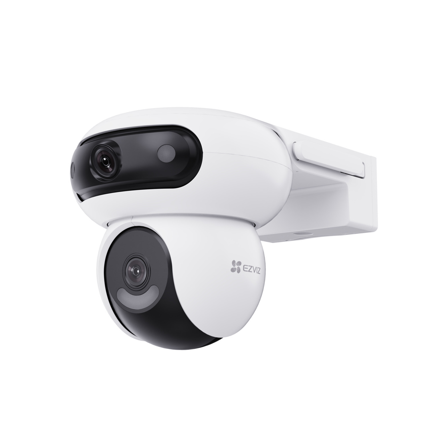 White EZVIZ security camera. It has two black lenses, one on top and one below. The camera is mounted on a white wall bracket.
