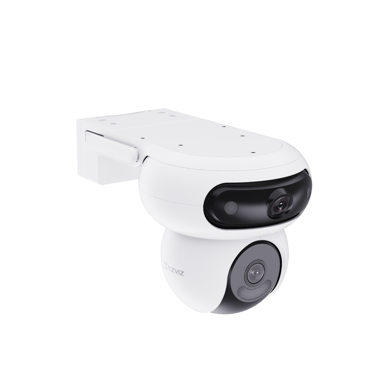White and black security camera mounted on a white surface. It has two camera lenses. The brand EZVIZ is visible on the bottom.