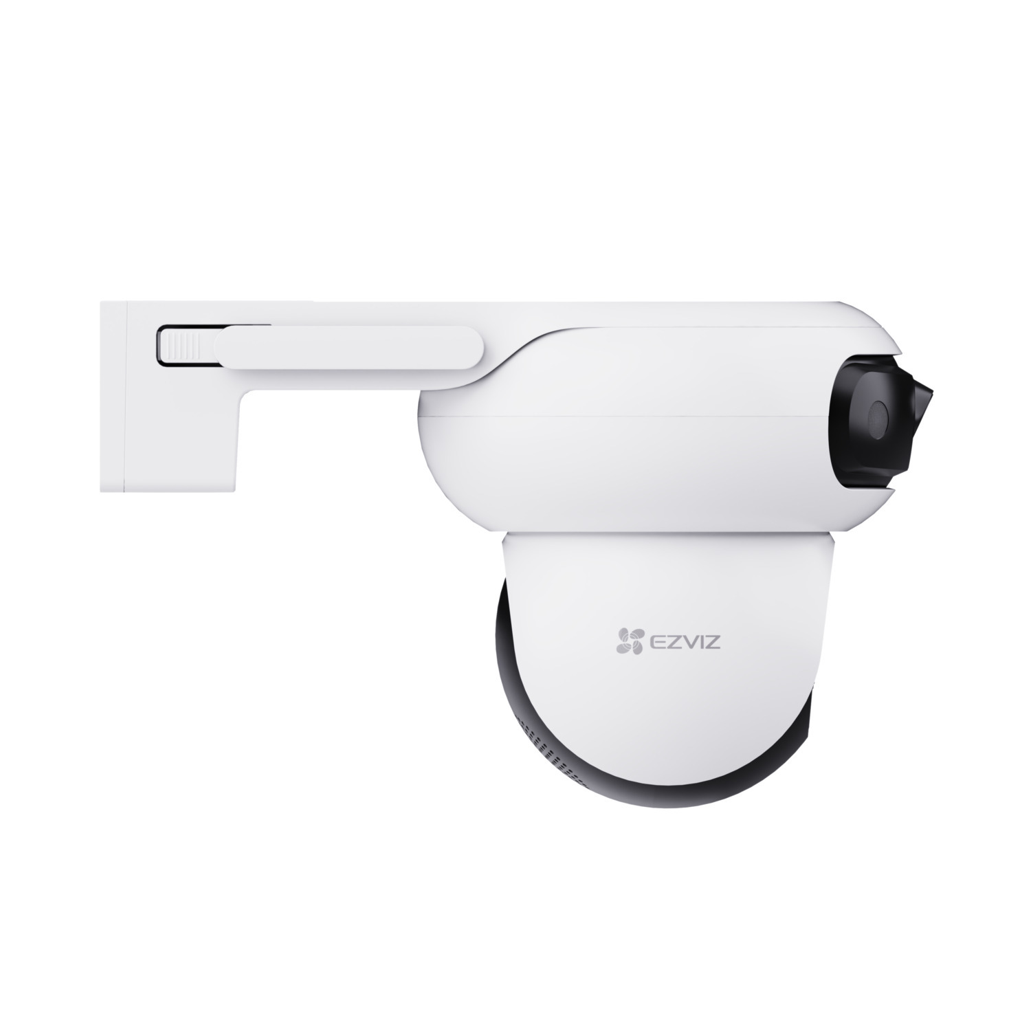 White EZVIZ security camera. It has a cylindrical body with a black lens and a mounting bracket. The EZVIZ logo is visible.