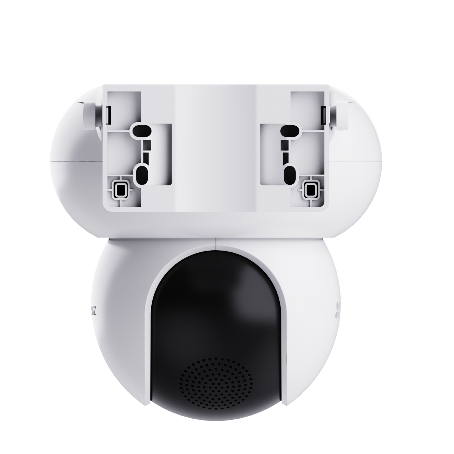 Top view of a white security camera with a black front. It has a rounded design with mounting brackets on top.