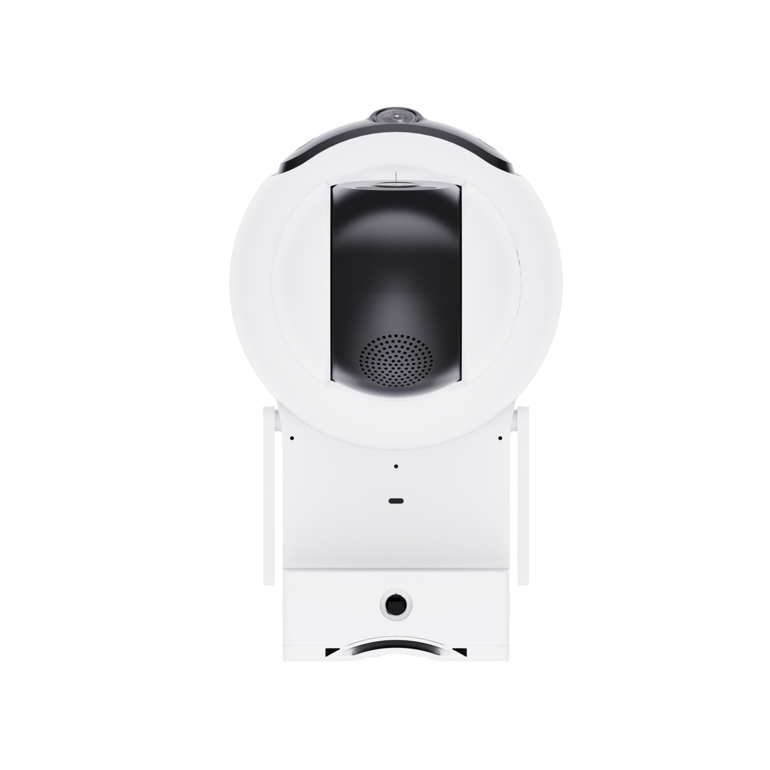 A white security camera with a black top and a dark interior sits on a white base, isolated against a white background.