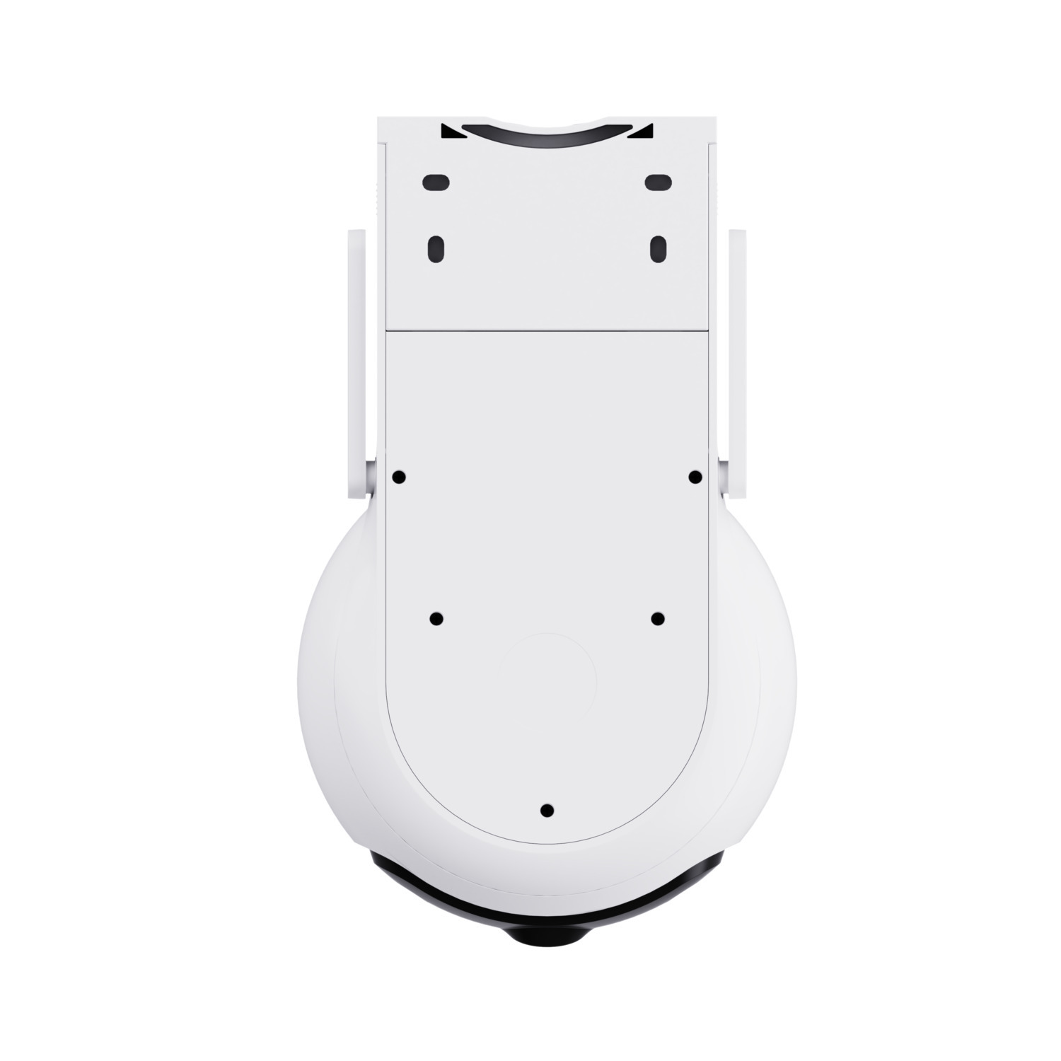 A white, rounded device with a black base, two side antennas, and several black dots. It is set against a white background.