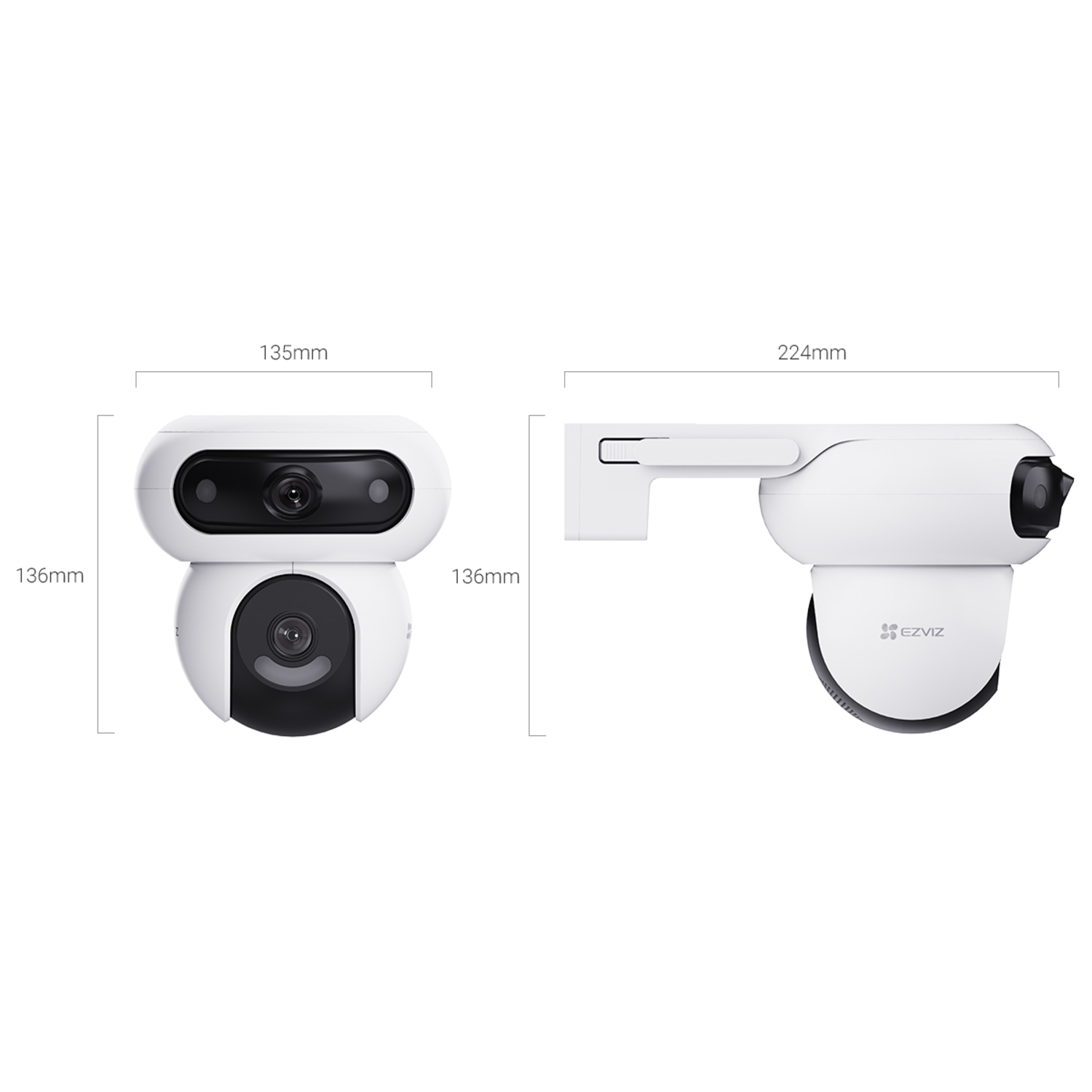 Two white security cameras. One front view, one side view. Dimensions provided: 135mm x 136mm and 224mm x 136mm. Brand: EZVIZ.