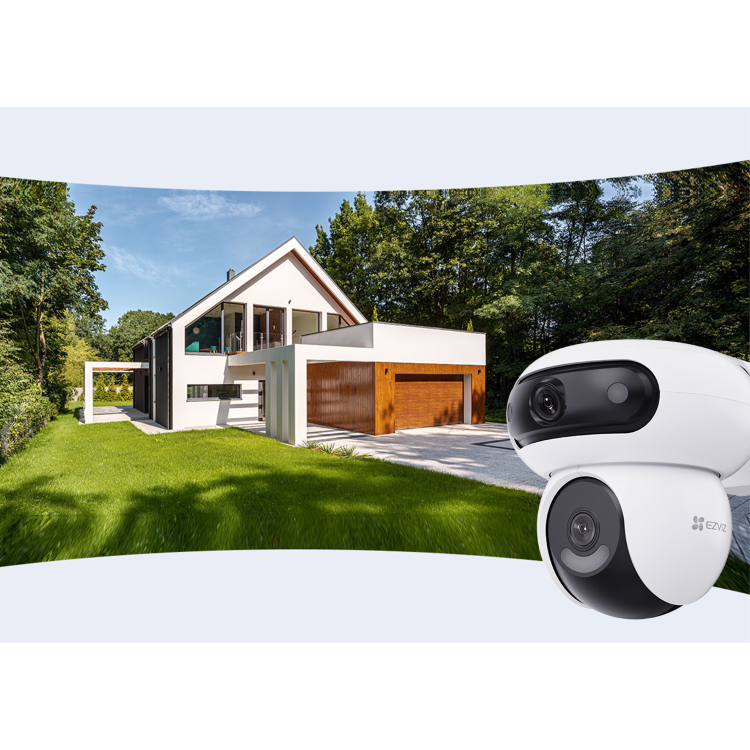 A white security camera with a black lens is in the foreground. A modern house with a garage is in the background.