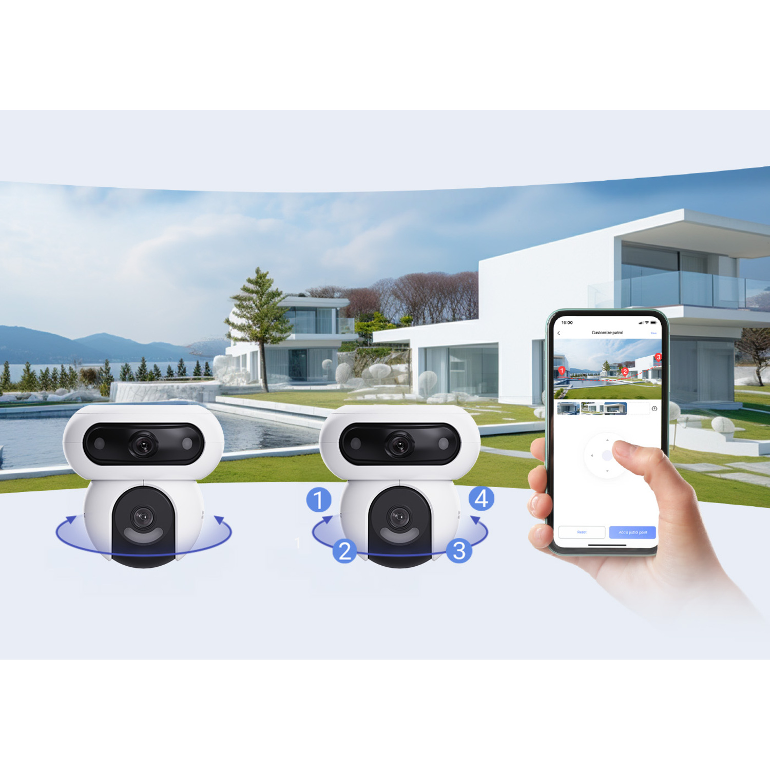 Two white security cameras and a smartphone controlling them. The background shows a modern house and a scenic view.