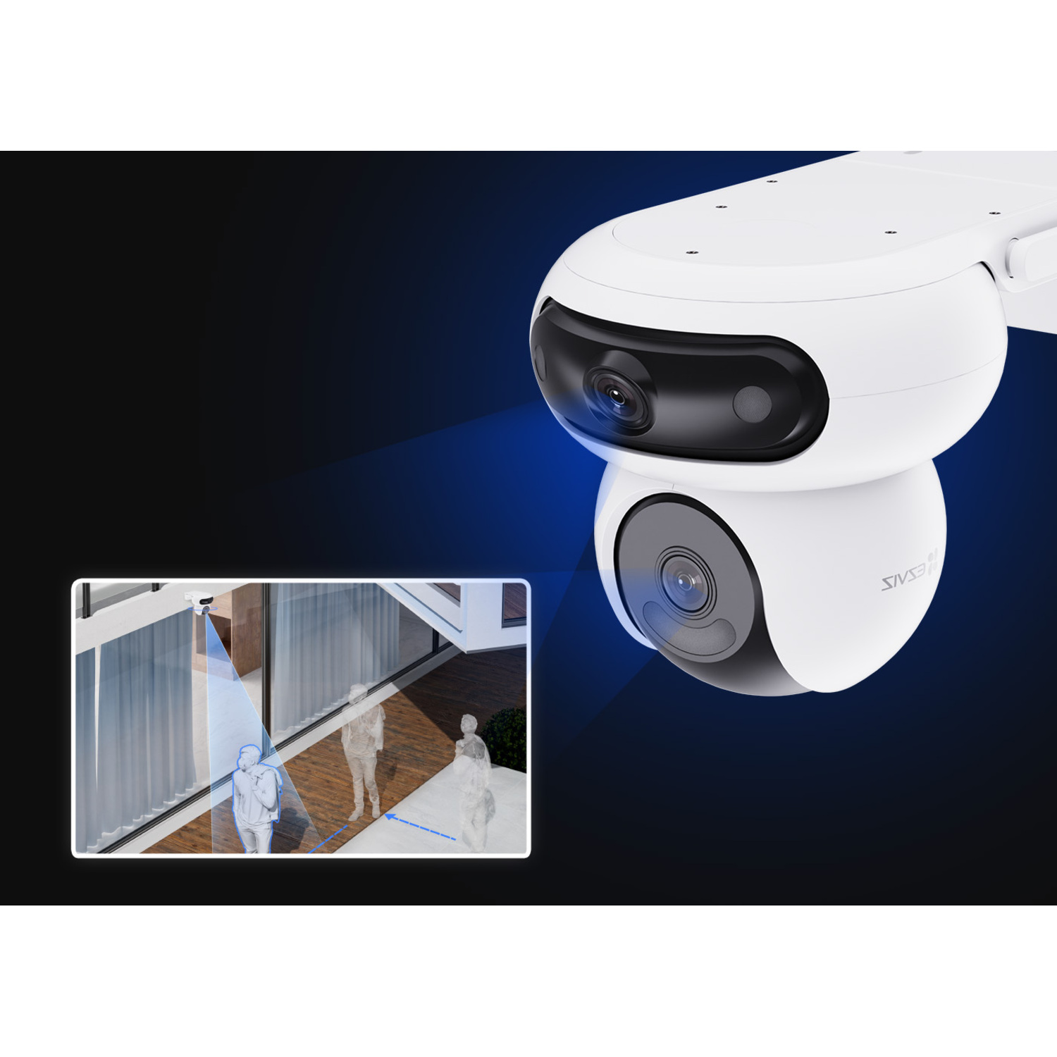 A white security camera with two lenses, and a small inset showing a camera view of people walking near a building.