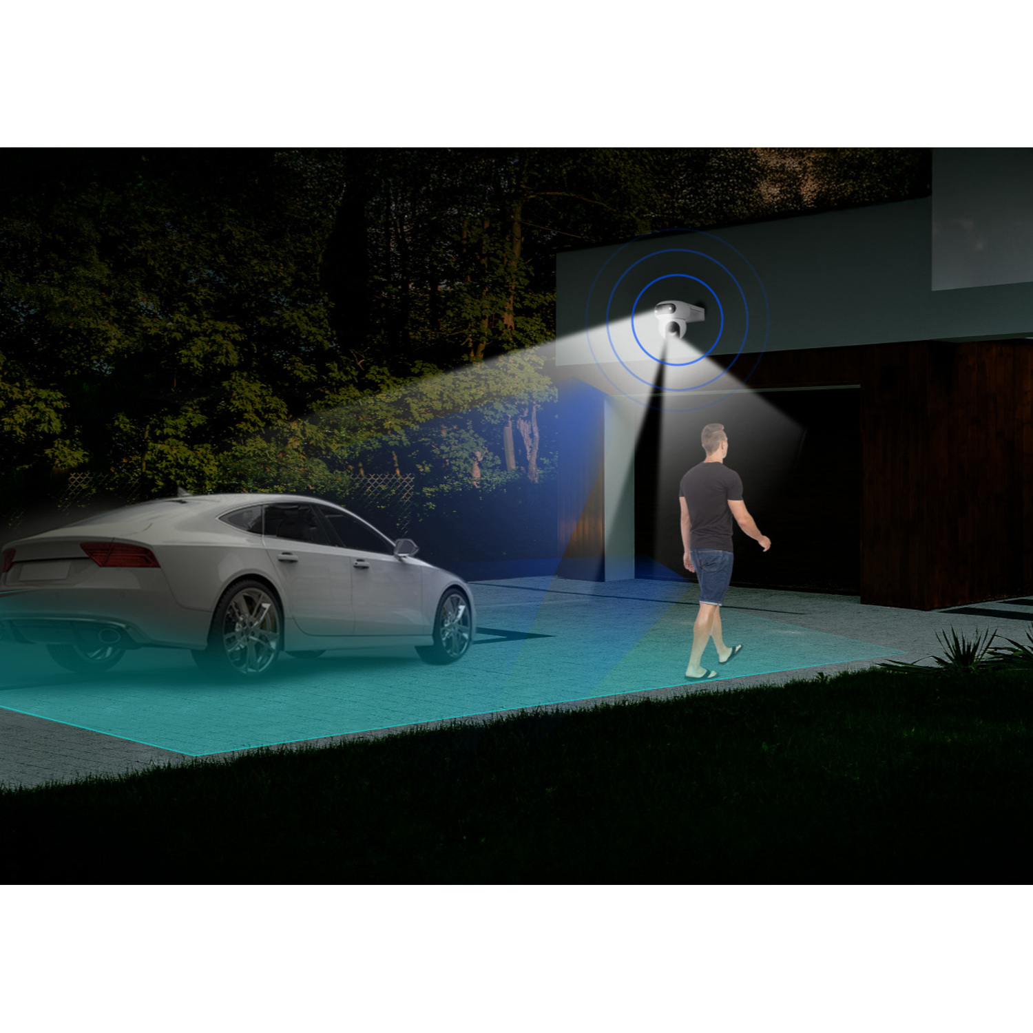 A man walks towards a house. A white car is parked on the left. A security camera is above the man. The scene is at night.