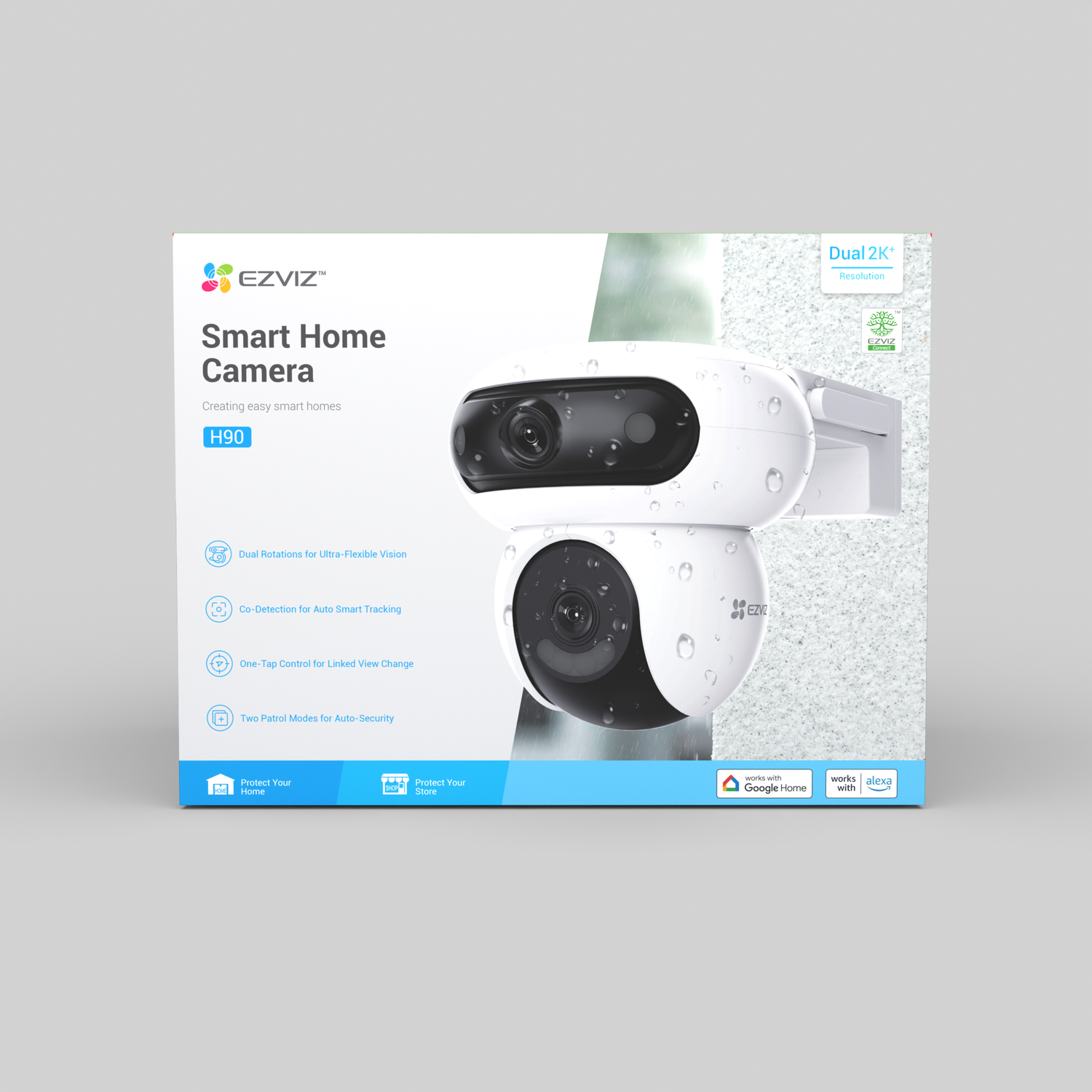 White EZVIZ smart home camera. Box shows camera features: dual rotation, tracking, control, and patrol modes.