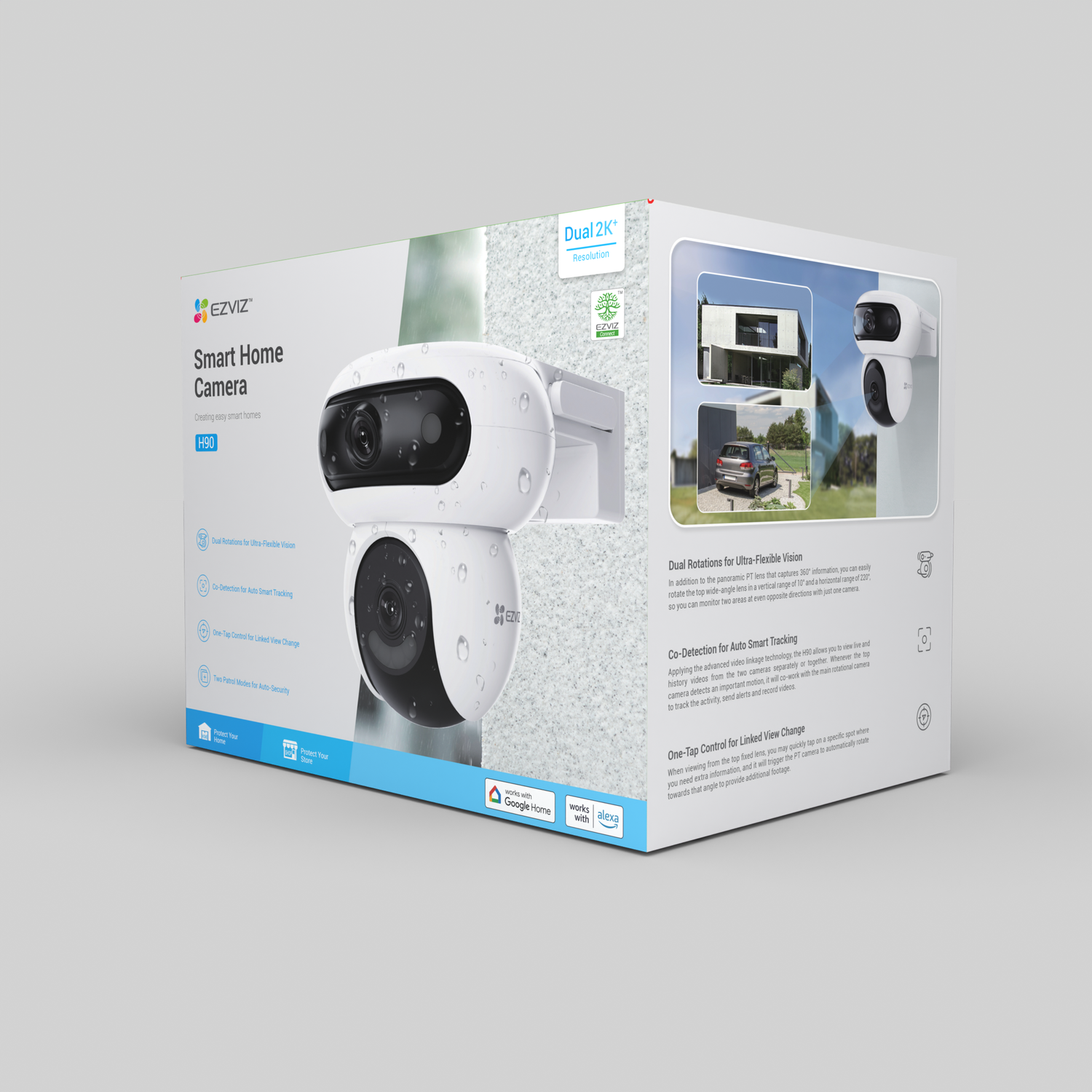 White EZVIZ smart home camera. Has two lenses, features listed. Includes images of house and car, and text about Google Home.