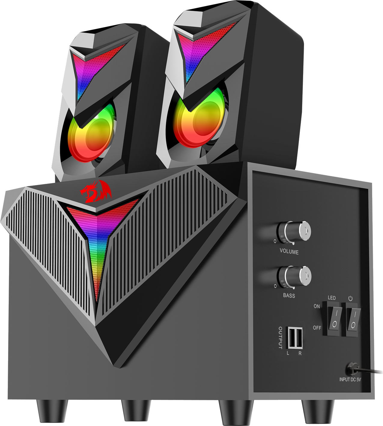Czarne głośniki komputerowe z kolorowymi światłami i regulacją głośności/basów. Posiada porty wejścia/wyjścia oraz przyciski zasilania.