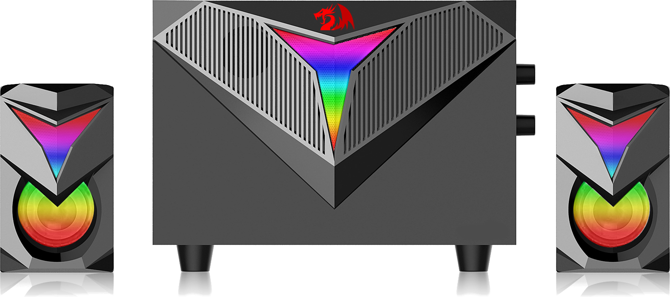 Czarny zestaw głośników z subwooferem i dwoma głośnikami satelitarnymi. Każdy posiada oświetlenie RGB. Widoczne jest logo Redragon.