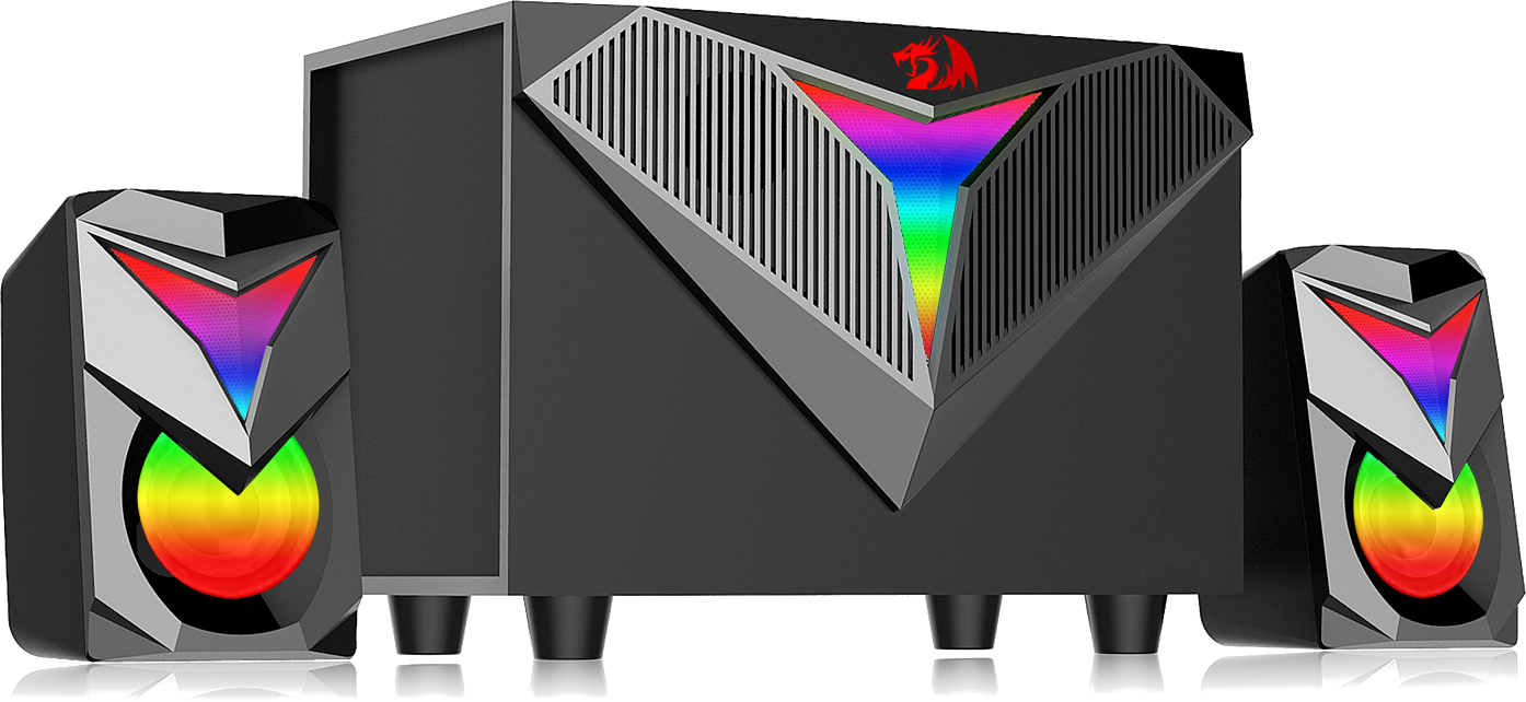 Czarne głośniki komputerowe ze światłami RGB. Subwoofer otoczony dwoma mniejszymi głośnikami.