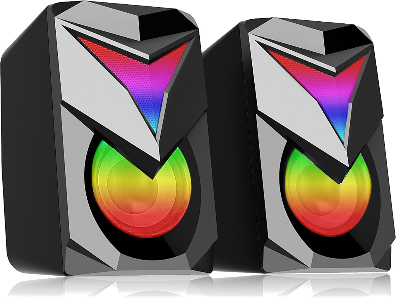 Dwa czarne głośniki komputerowe z kolorowymi światłami LED. Każdy ma centralny okrągły głośnik i światło w kształcie litery V.
