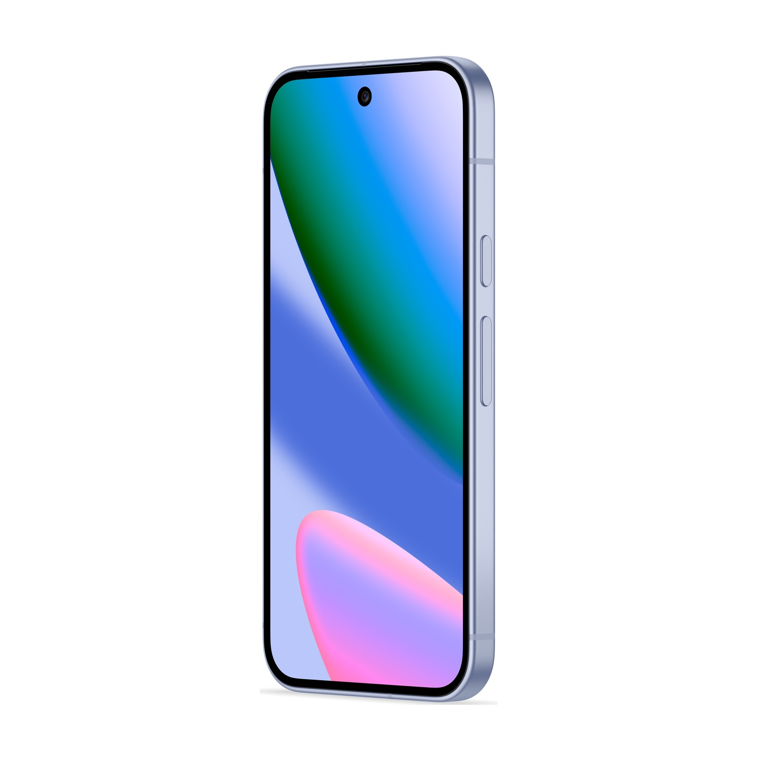 Uno smartphone azzurro chiaro inclinato leggermente verso destra. Lo schermo mostra una sfumatura colorata. I pulsanti sono visibili sul lato.