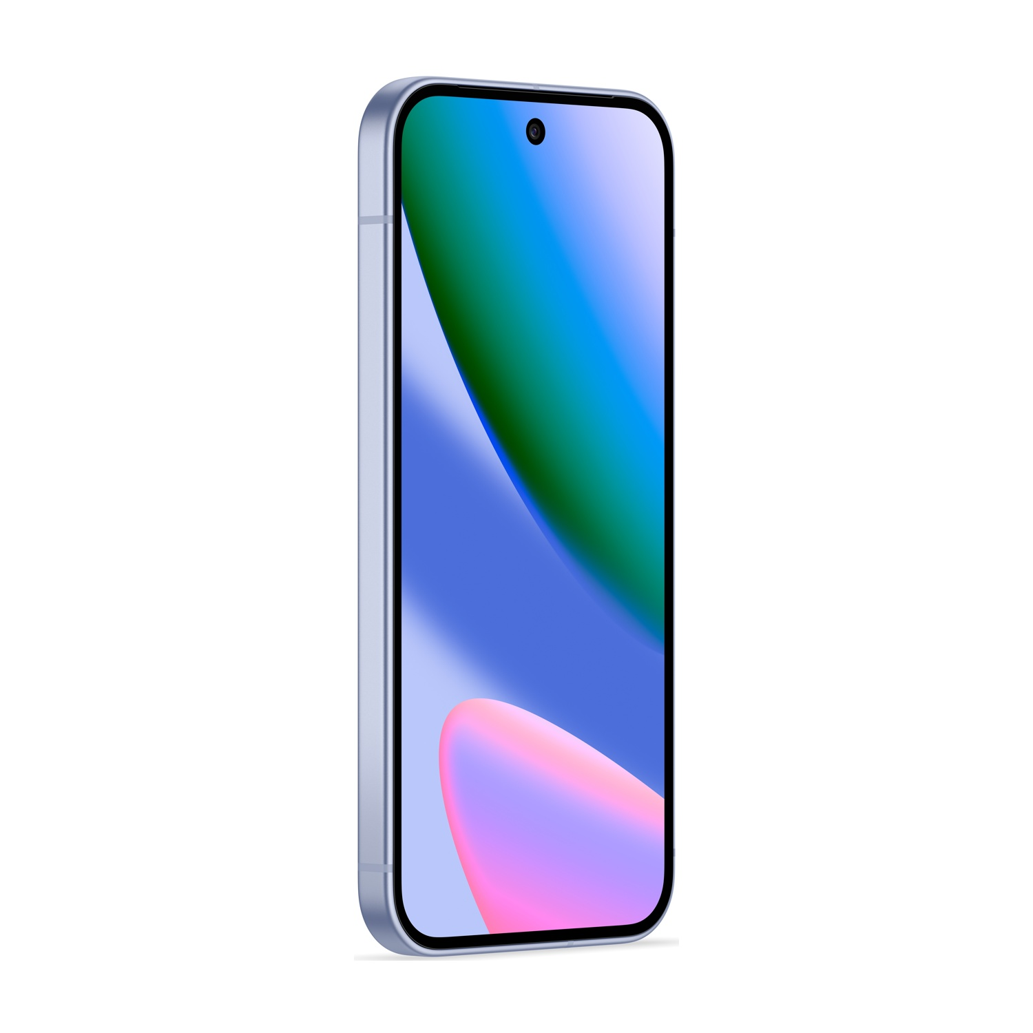 Uno smartphone argentato con schermo colorato. Lo schermo mostra forme astratte blu, verdi e rosa. Il telefono è angolato su sfondo bianco.