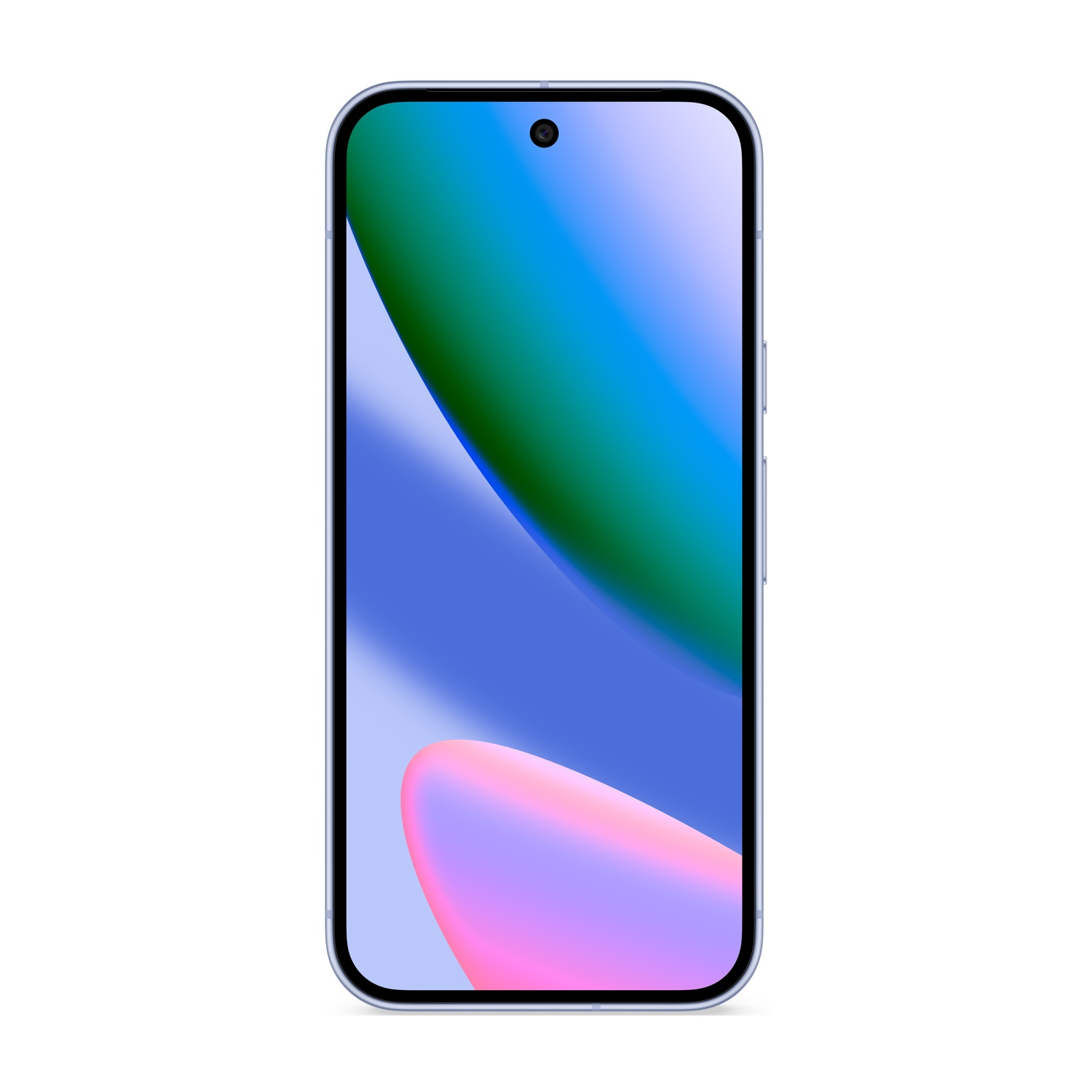Uno smartphone con schermo colorato che mostra una sfumatura blu, verde e rosa su sfondo bianco.