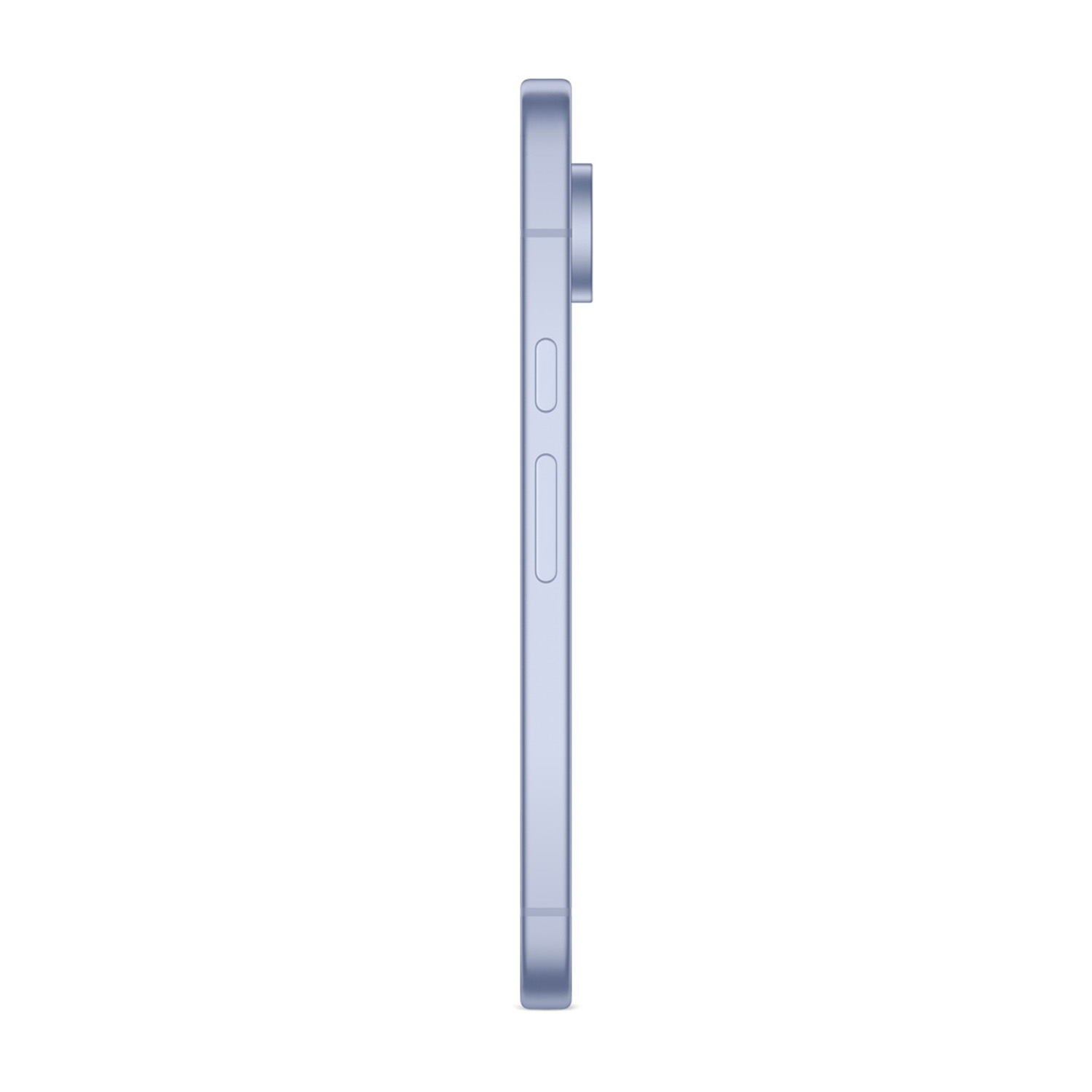 Vista laterale di uno smartphone azzurro. Il telefono ha un modulo fotocamera e pulsanti laterali. Lo sfondo è bianco.
